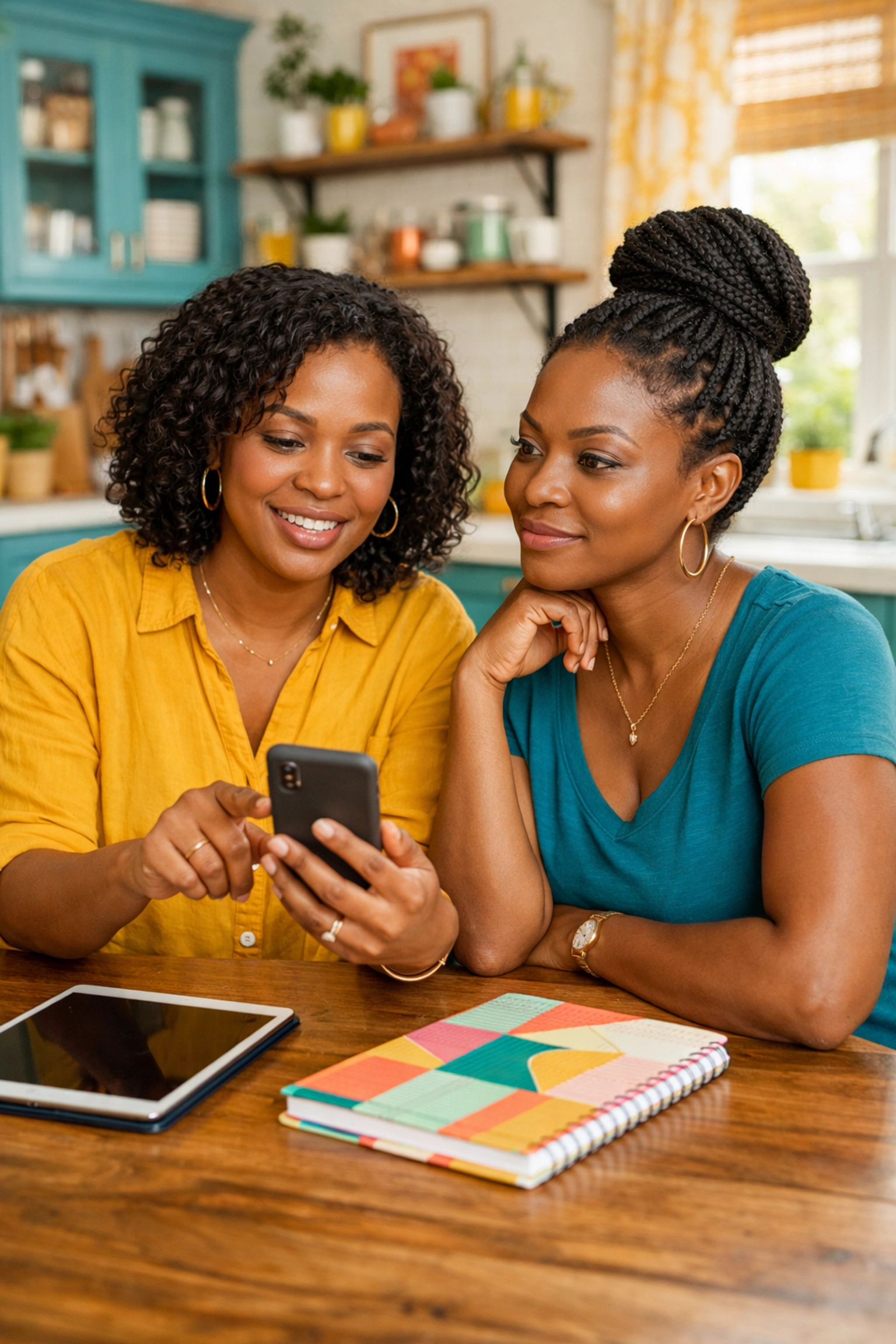 Black women in NJ using a phone to research renters insurance and manage financial resilience goals.