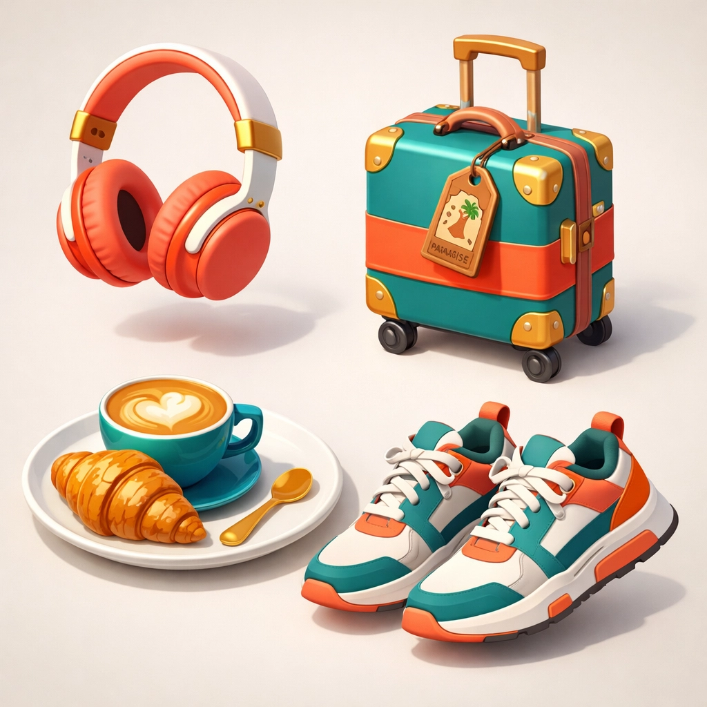 Lifestyle items like headphones and travel gear illustrating the 30% wants portion of a budget.