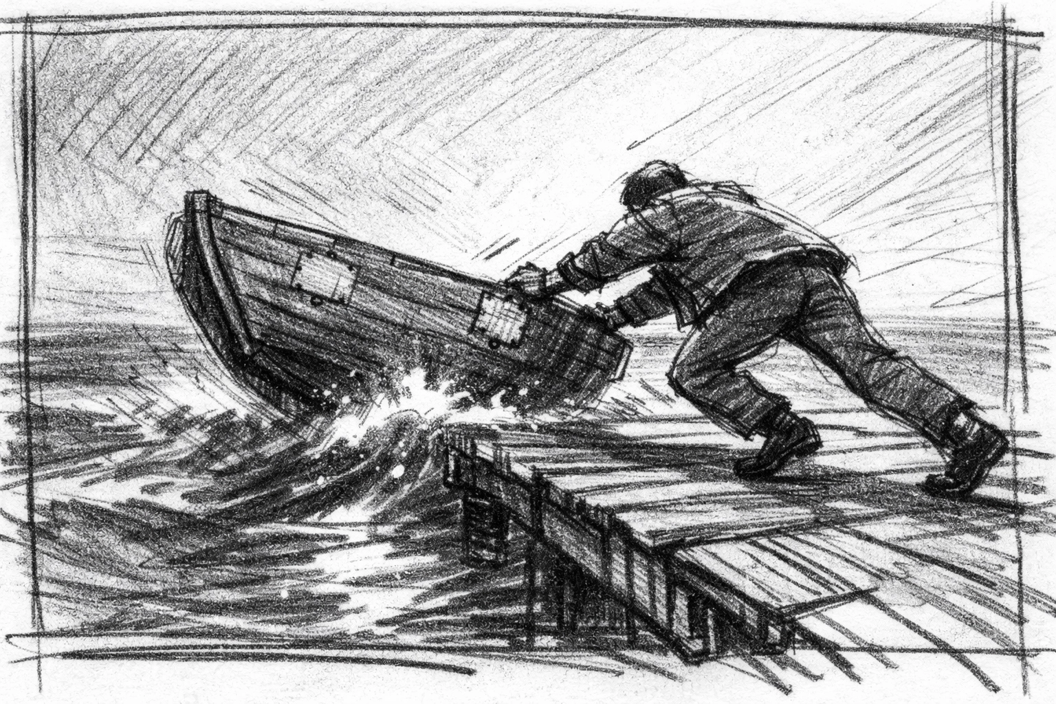 A storyteller pushing a boat into the misty sea, symbolizing creative momentum and the ship it mentality.