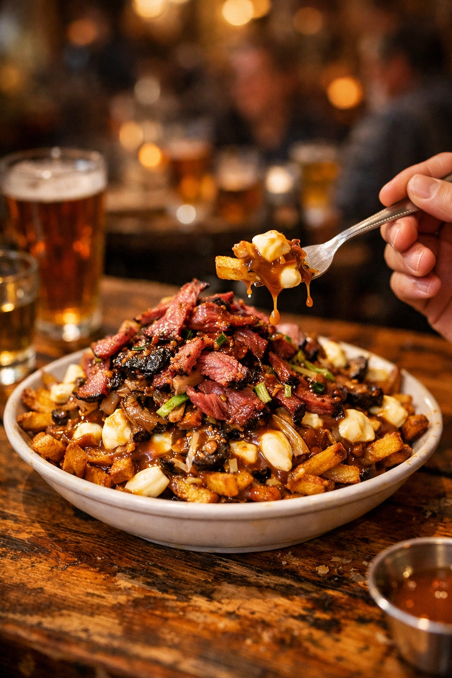 Indulgent Montreal smoked meat poutine being enjoyed at a local city diner.