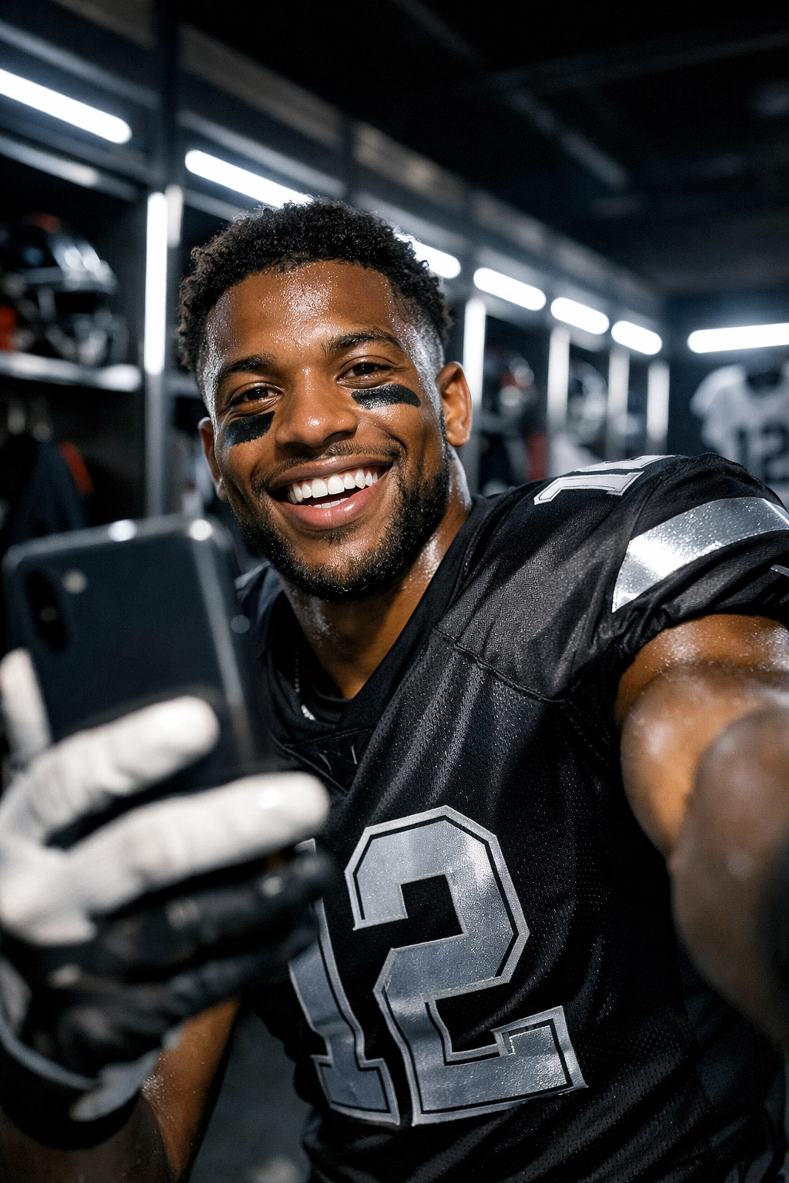 Student-athlete recording an authentic selfie video in a locker room for personal brand engagement and NIL.