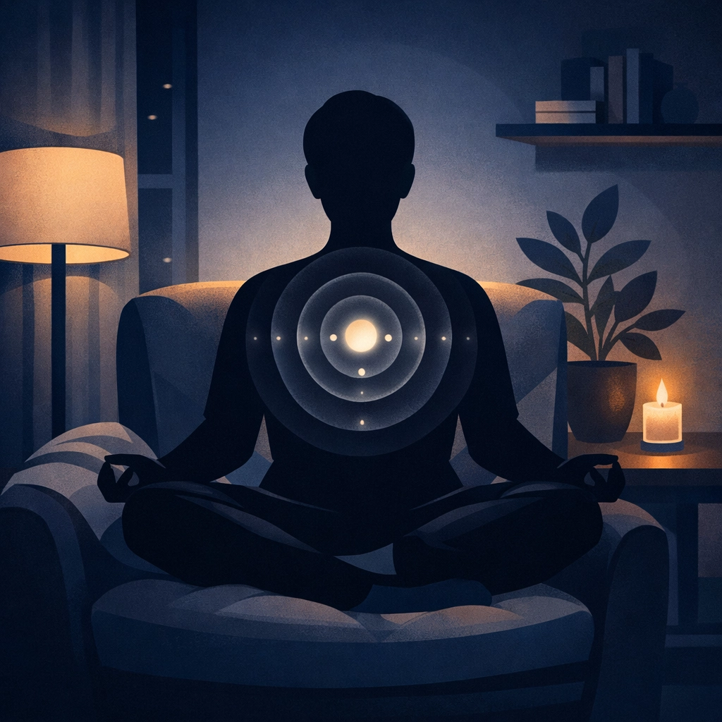 Person practicing calming deep breathing meditation in peaceful nighttime setting