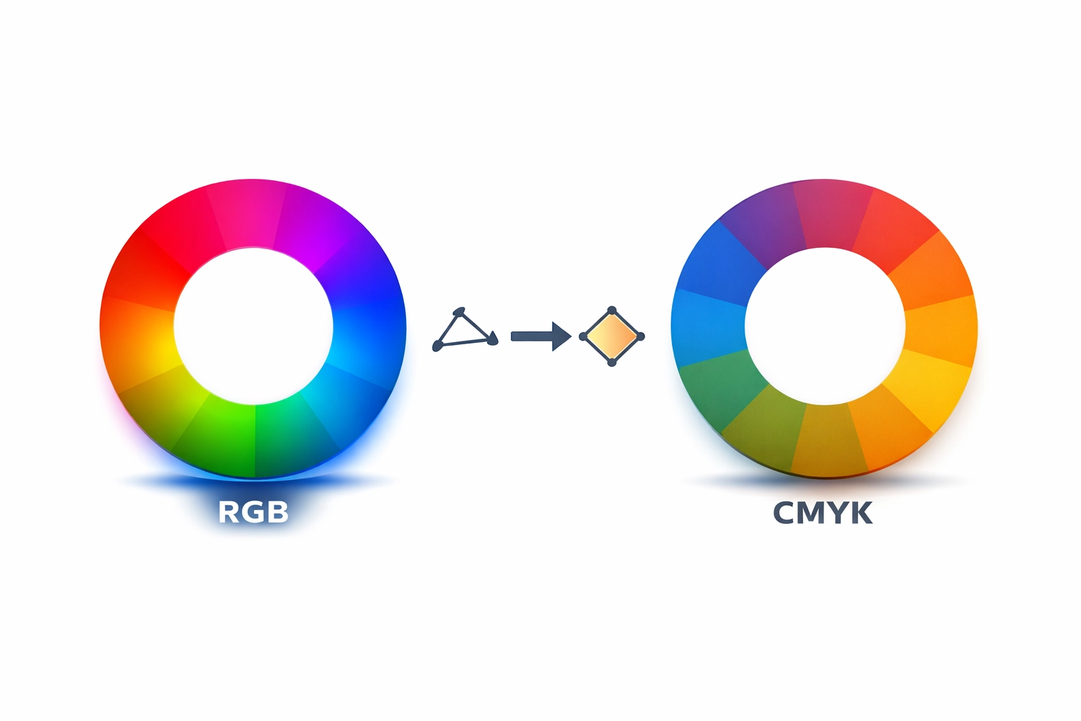 RGB and CMYK color wheels side by side showing color mode differences for print