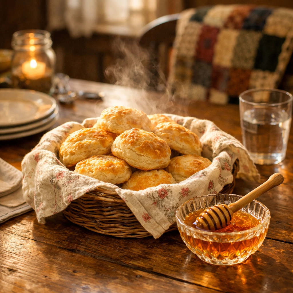 Southern hospitality catering with steaming buttermilk biscuits on a rustic, warm wooden dining table.