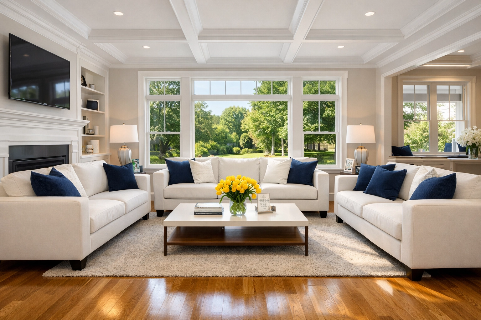 Spotless living room with hardwood floors after a professional move-in cleaning service in Reading.