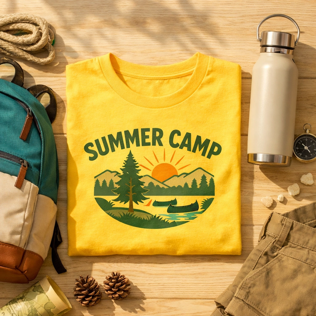 Summer camp gear flat-lay with a custom t shirt, backpack, and water bottle for 2026 campers.
