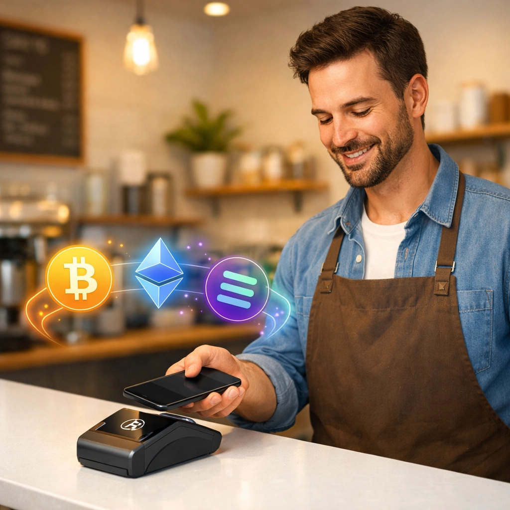 Small business owner using contactless crypto POS system at checkout