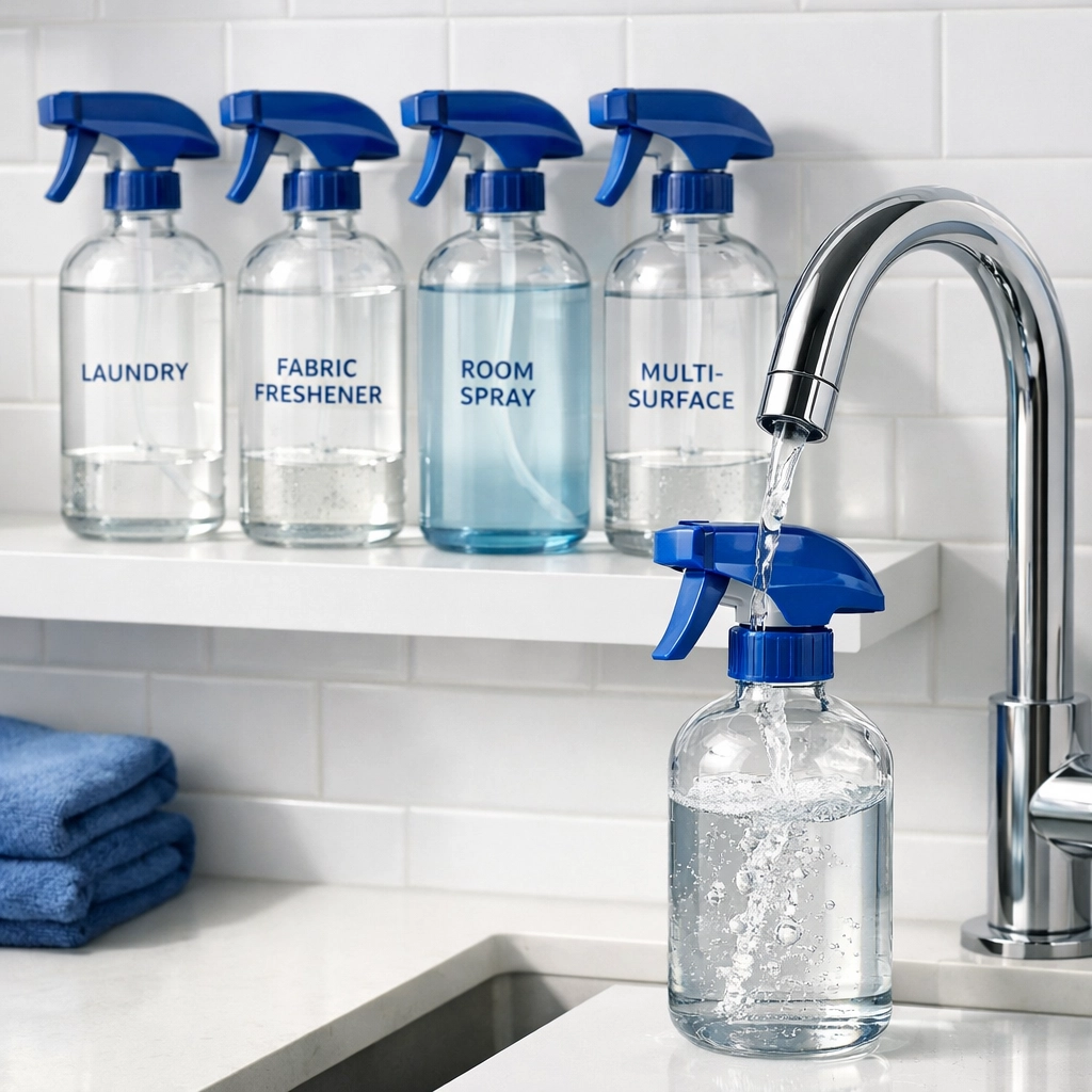 Eco-friendly refillable glass spray bottles being filled with water in a bright laundry room.