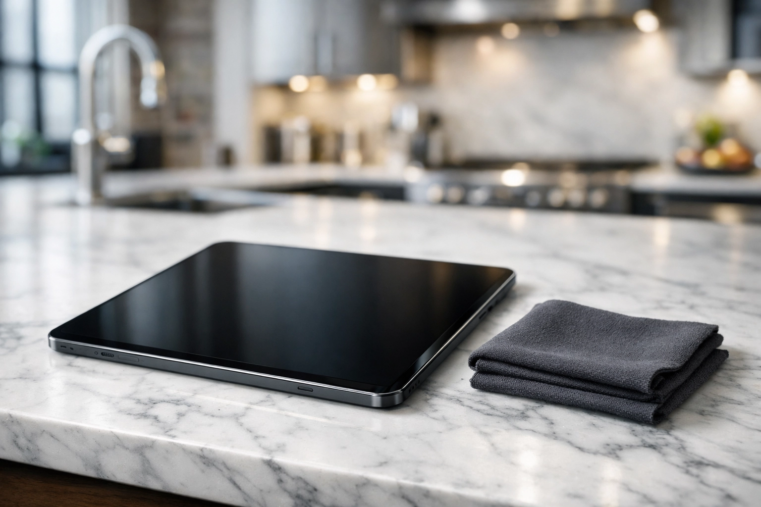 Digital cleaning checklist and microfiber cloth on a marble counter in a luxury Detroit apartment.