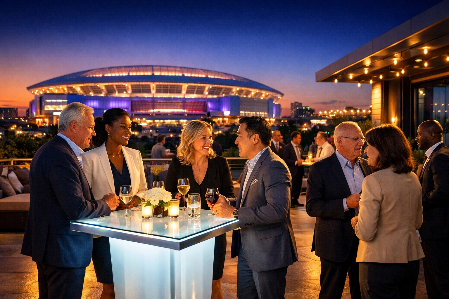 C-suite executives networking at a high-end Super Bowl corporate activation with a stadium view.