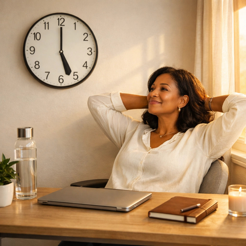 Professional woman at home office setting work boundaries with closed laptop at end of workday
