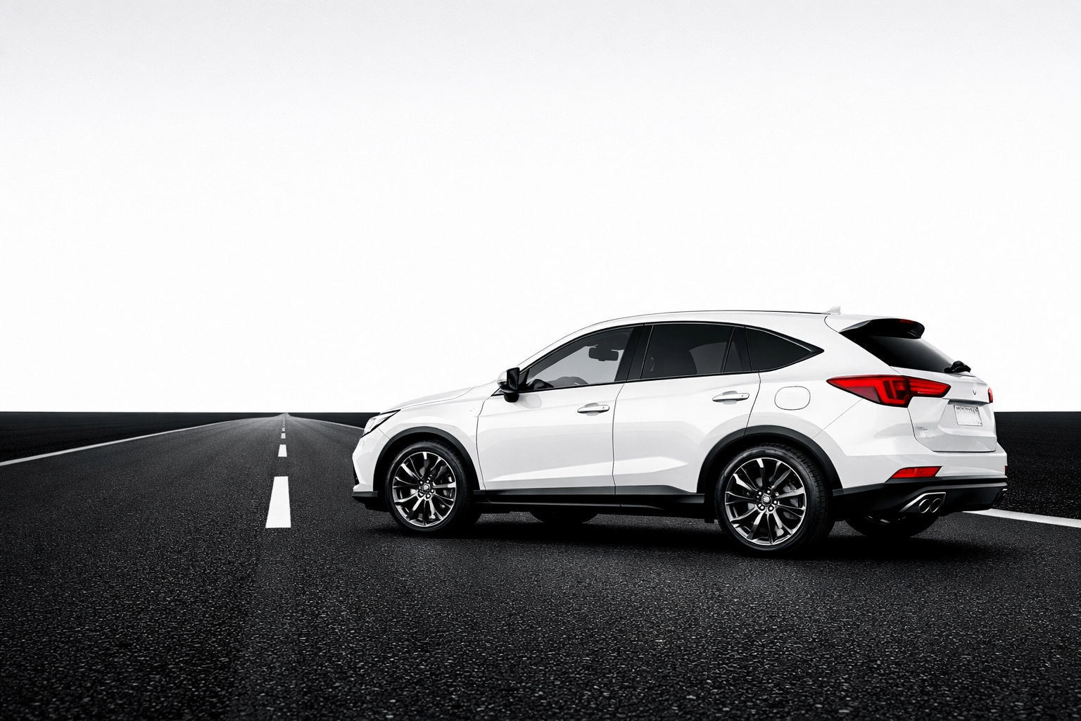 A white vehicle safely stopped on an open road, highlighting the safety of professional brake repair in Deming, NM.