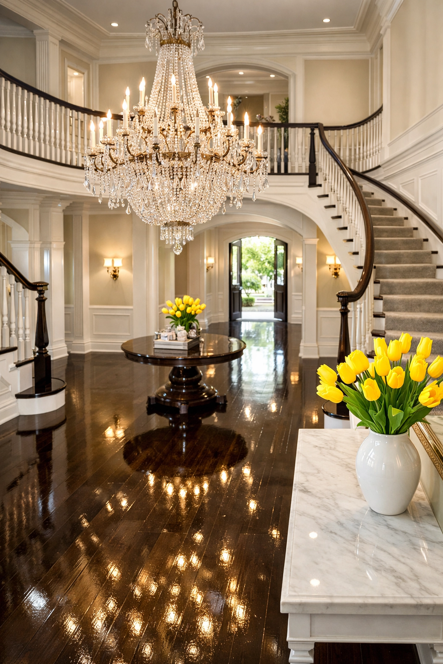 Immaculate Dover estate foyer with polished hardwood floors and a chandelier after a Ninja deep clean.