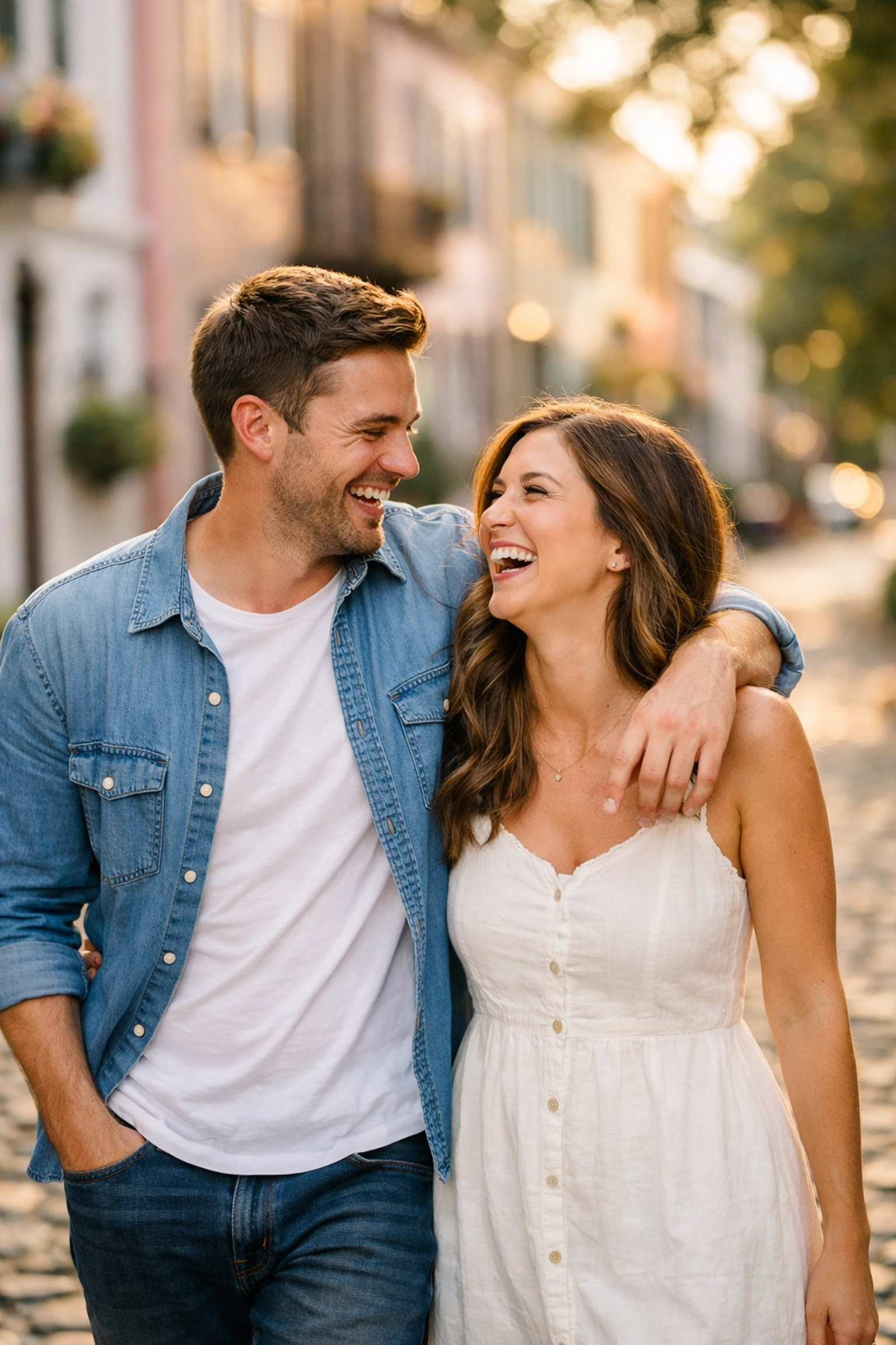 Top 10 Unposed Portrait Photography Ideas for Capturing Genuine Emotions 1 Couple laughing in Charleston, showing unposed portrait photography at one of the best photography locations.