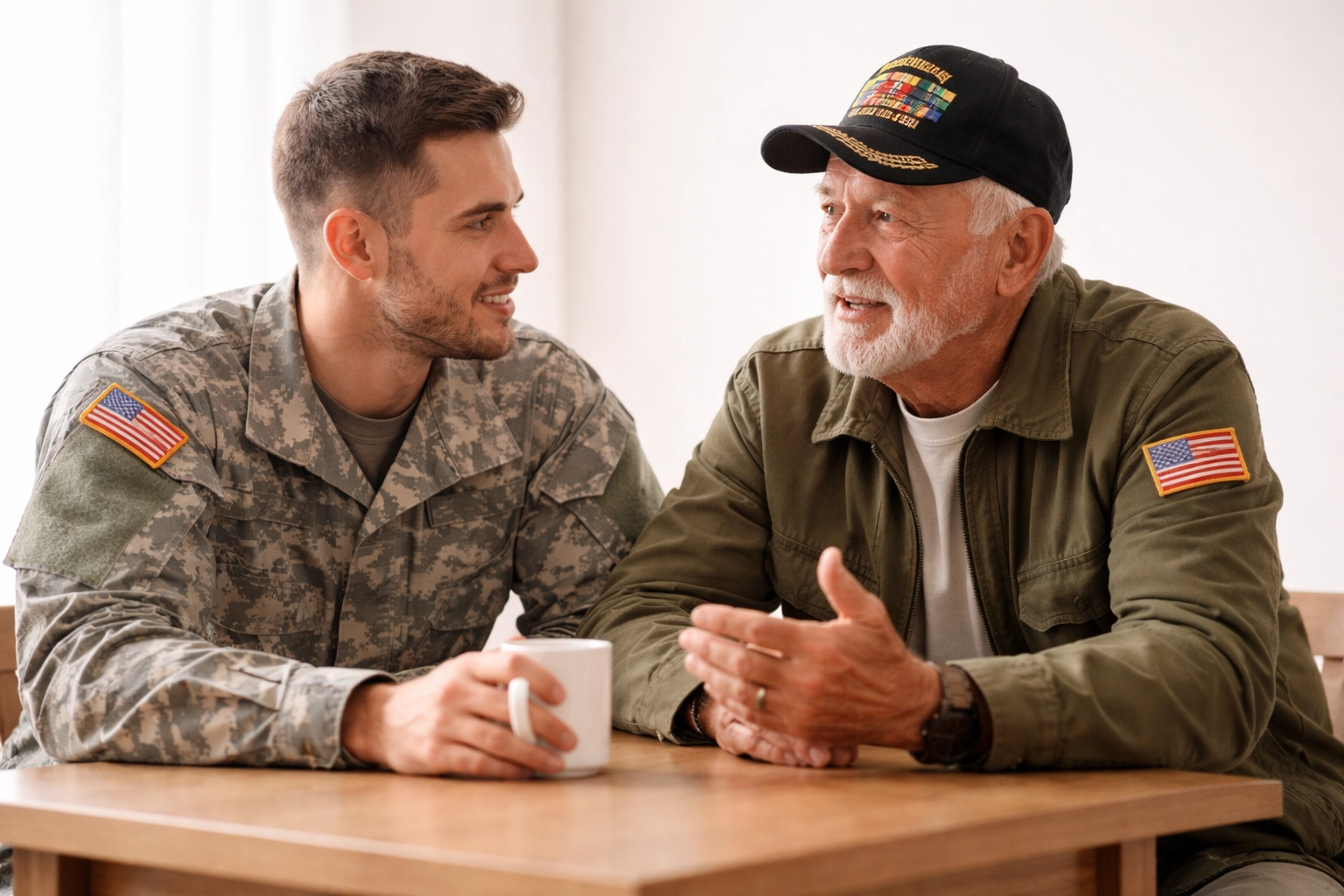 Older and younger veterans engaged in heartfelt conversation, highlighting intergenerational support