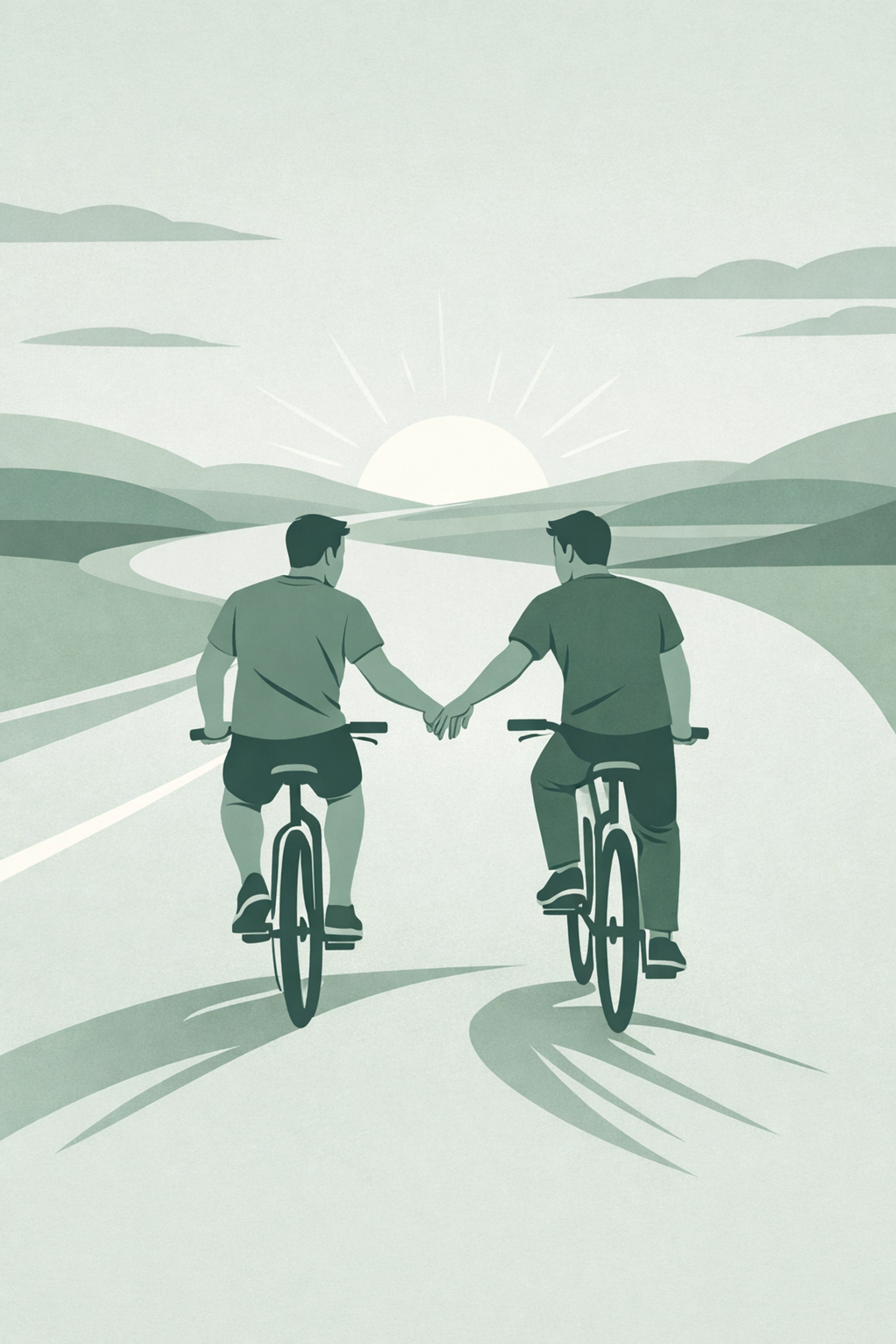 Two men cycling together toward a stylized horizon, representing a new start in gay love stories.