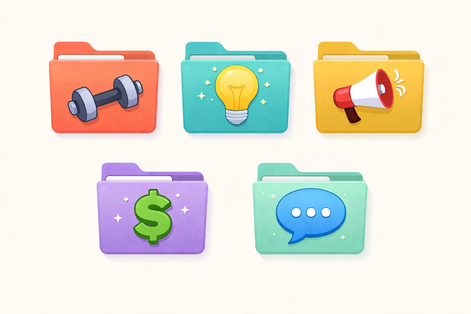 Colorful grid of folder icons for fitness, productivity, business, social media, and marketing niches, highlighting product variety for digital businesses.