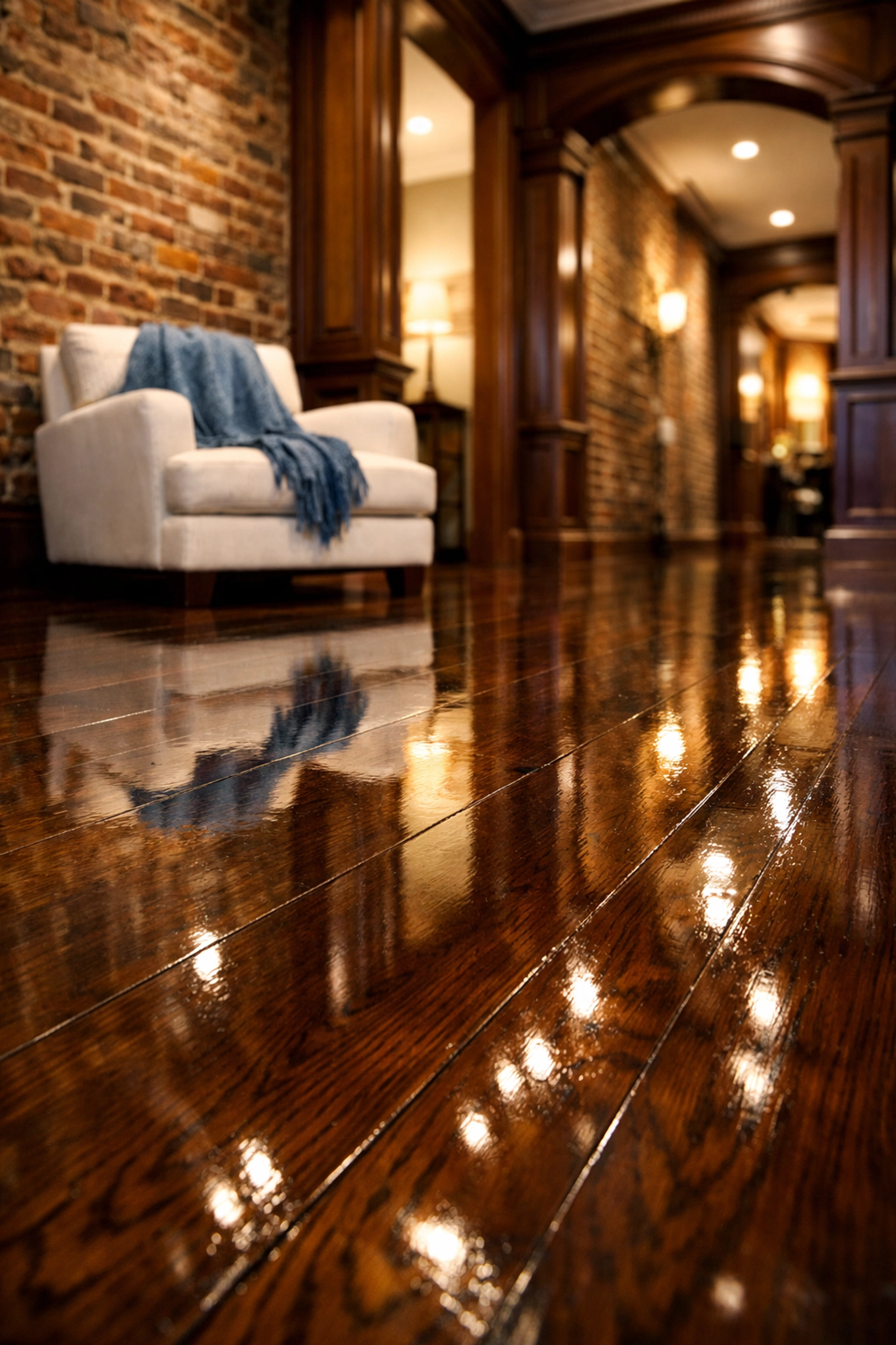 Gleaming dark oak hardwood floors in a Boston brownstone after professional move-out cleaning.
