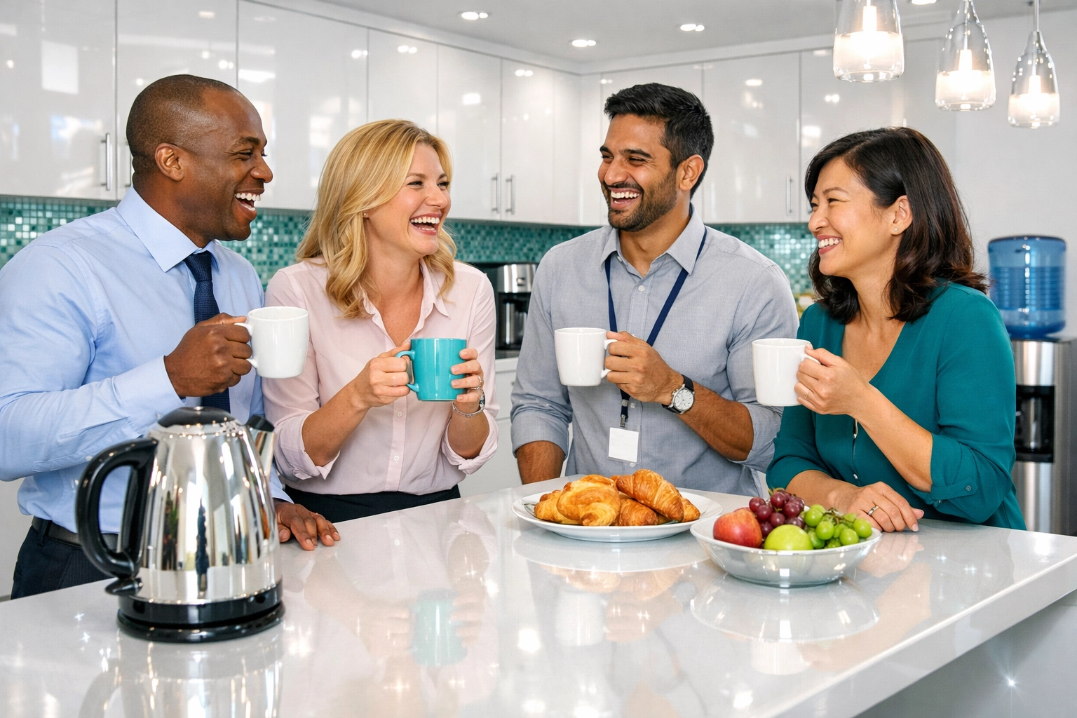 Healthy staff enjoying a clean office breakroom after professional commercial cleaning in Norwich.