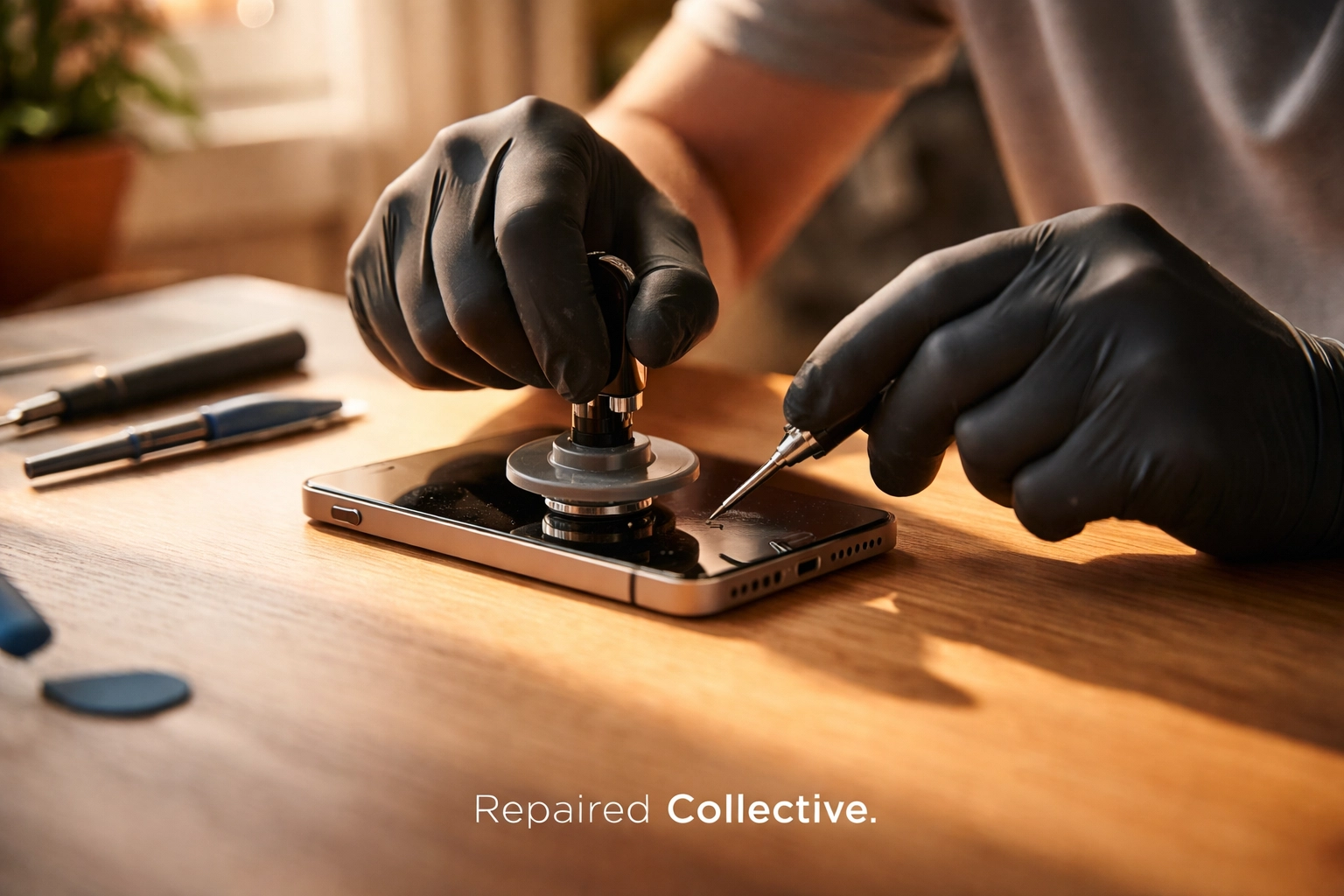 Technician repairs iPhone screen on a cozy apartment table, showing convenient at-home phone service in NYC.