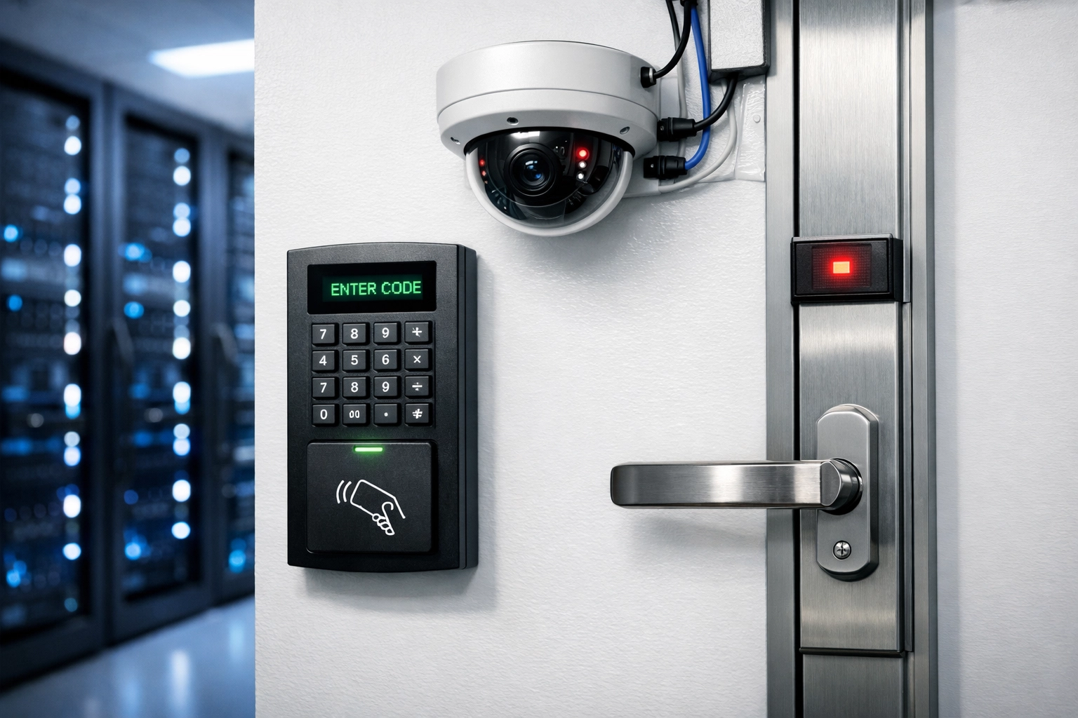 Security infrastructure with access control panel and surveillance camera in protected data center environment