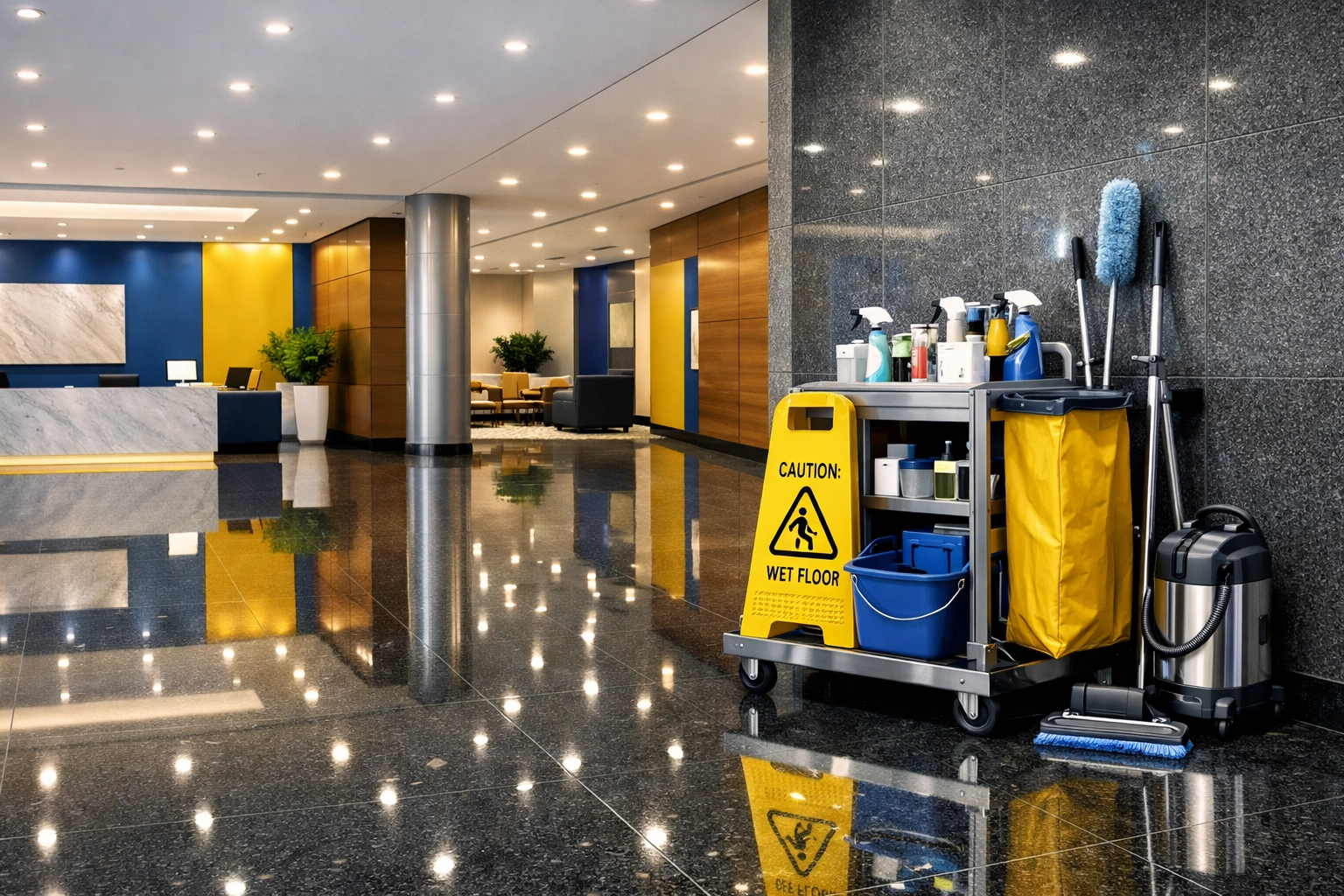 Spotless commercial lobby with polished granite floors maintained by expert janitorial services.
