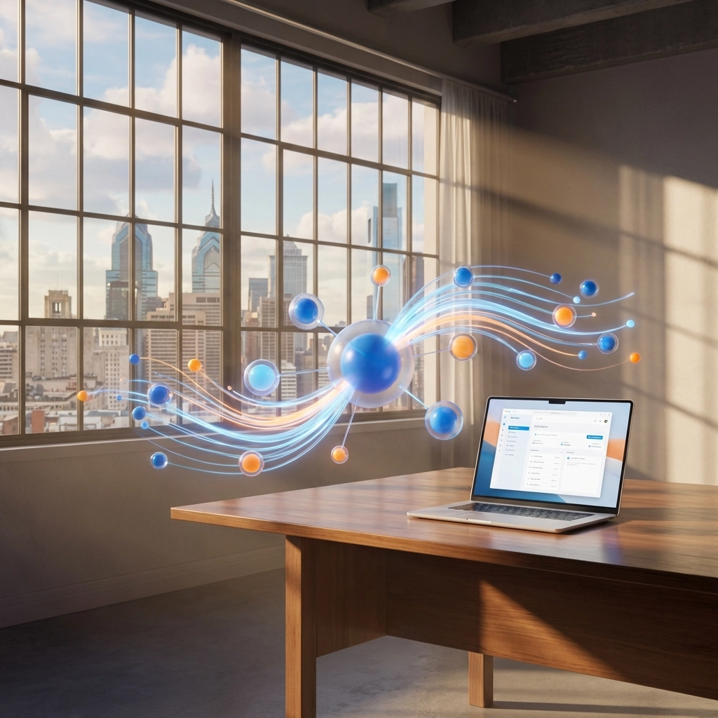 CRM ecosystem visualization on laptop in a bright Philadelphia co-working space, representing business integration