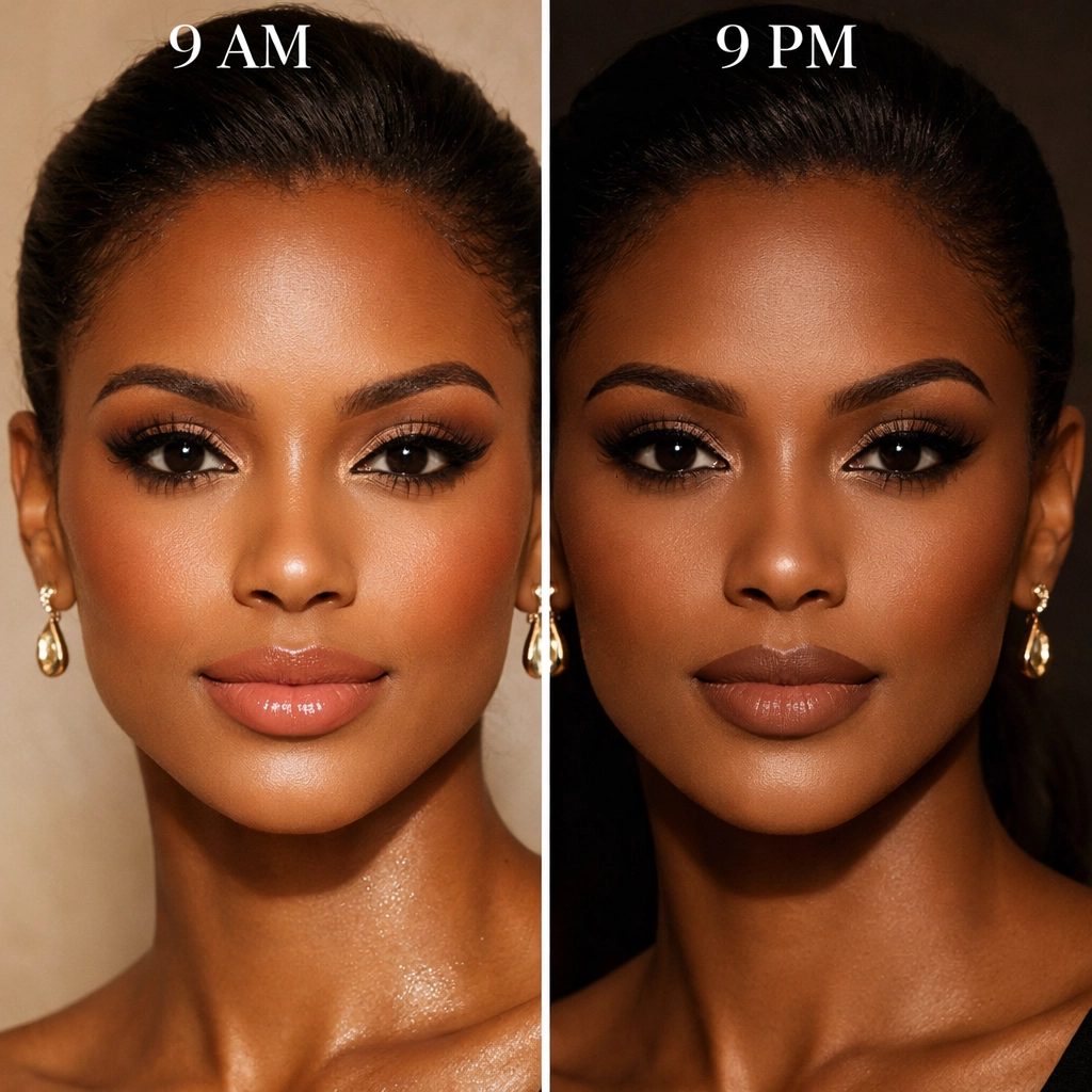 Long-lasting makeup with primer from morning to night showing matte finish durability