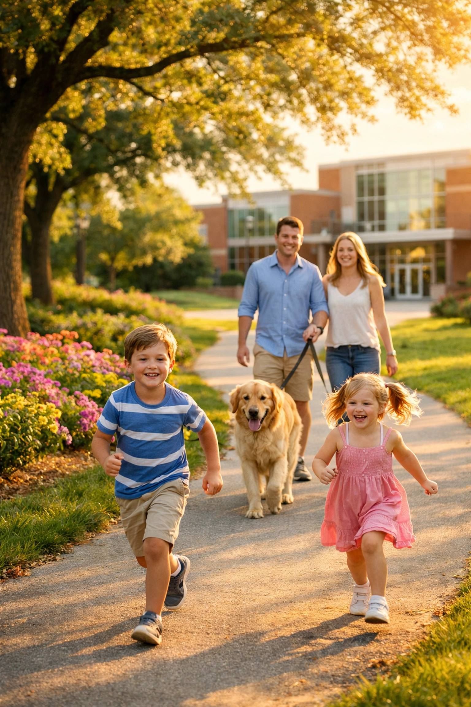 Family walking on a Madison Alabama greenway near a modern neighborhood school at sunset.