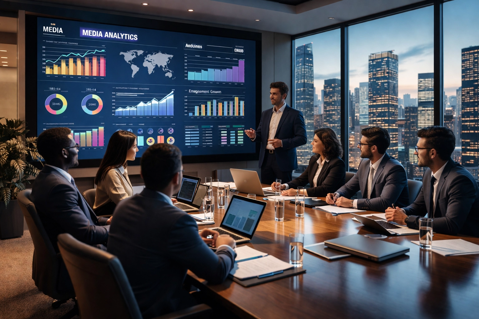 Executives in a modern boardroom discuss media consulting strategies with digital dashboards, symbolizing innovation in sports and entertainment.