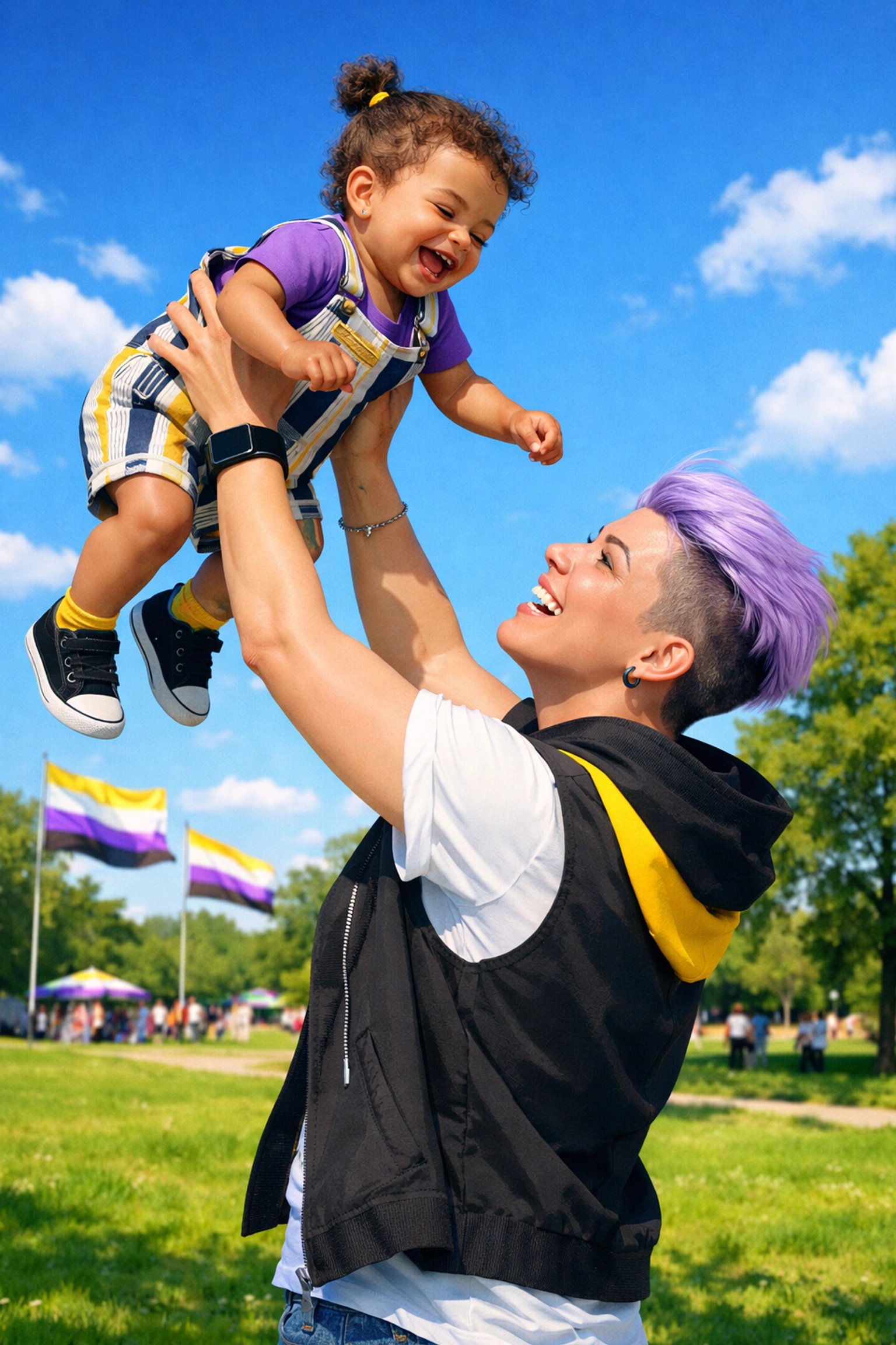 Joyful non-binary parent playing with their toddler in a sunny park for Nonbinary Parents Day.