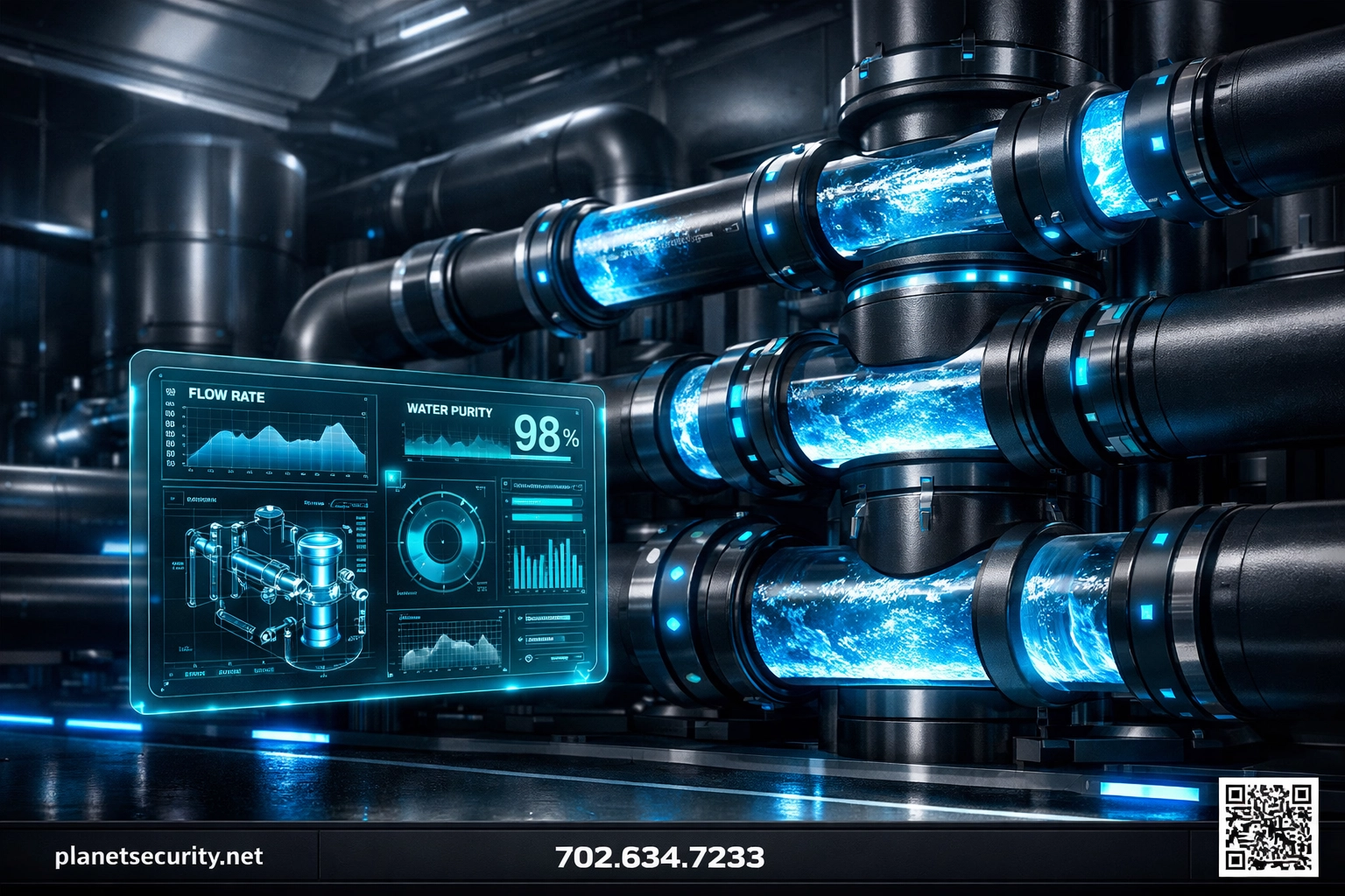 Futuristic water security and continuity station for defense contractor CMMC Level 2 compliance readiness.