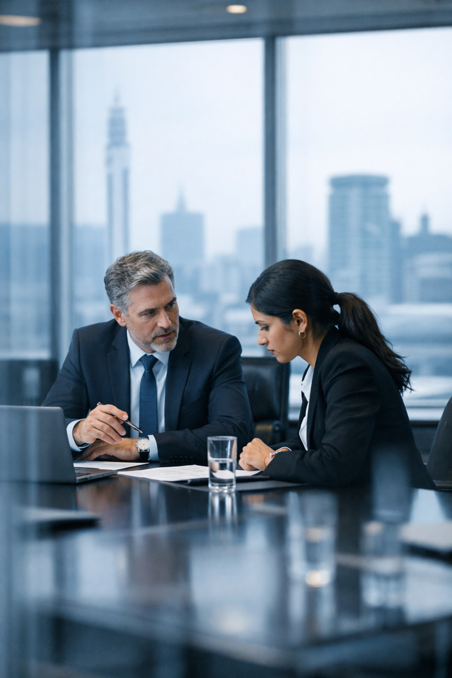 Business professionals discussing a strategic acquisition with the Birmingham Alabama skyline in the background.