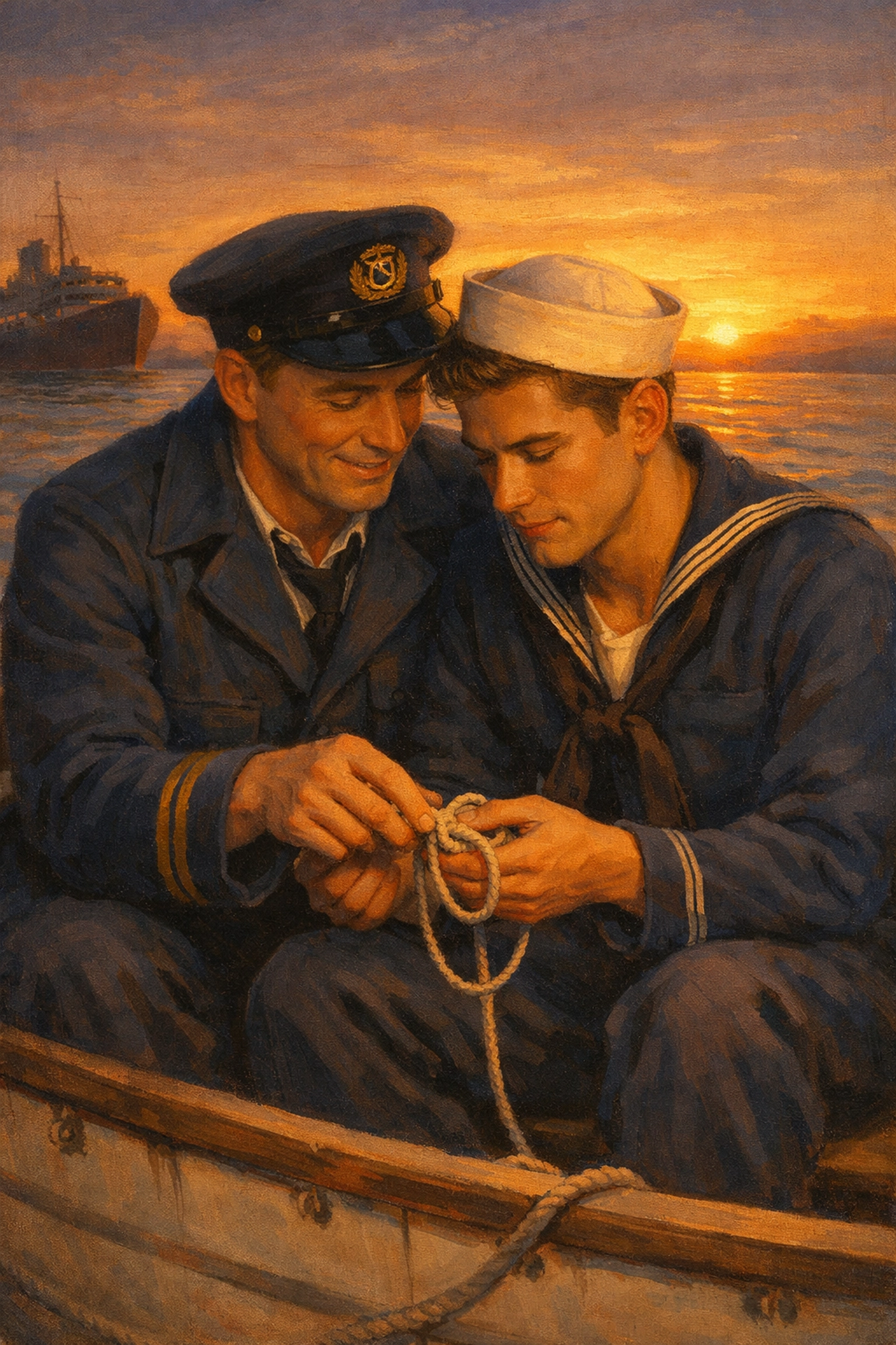 Two merchant marines bond during lifeboat drill in WWII historical gay romance setting
