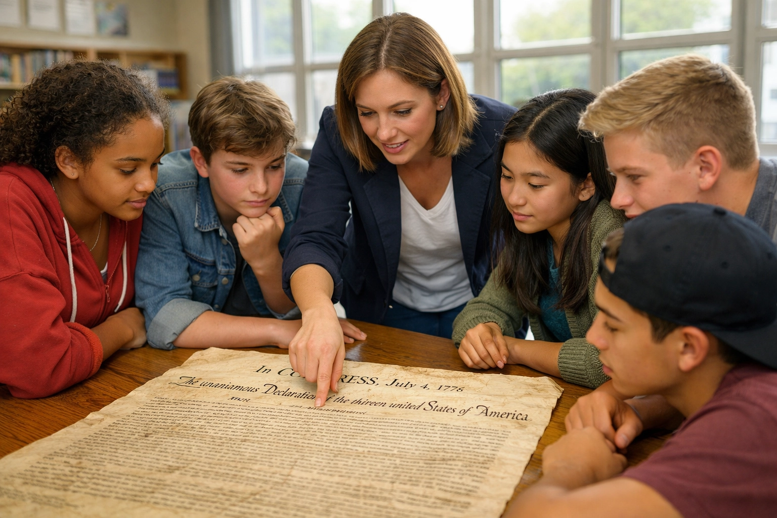 High school students and a teacher examine a historical document to learn about civic education.