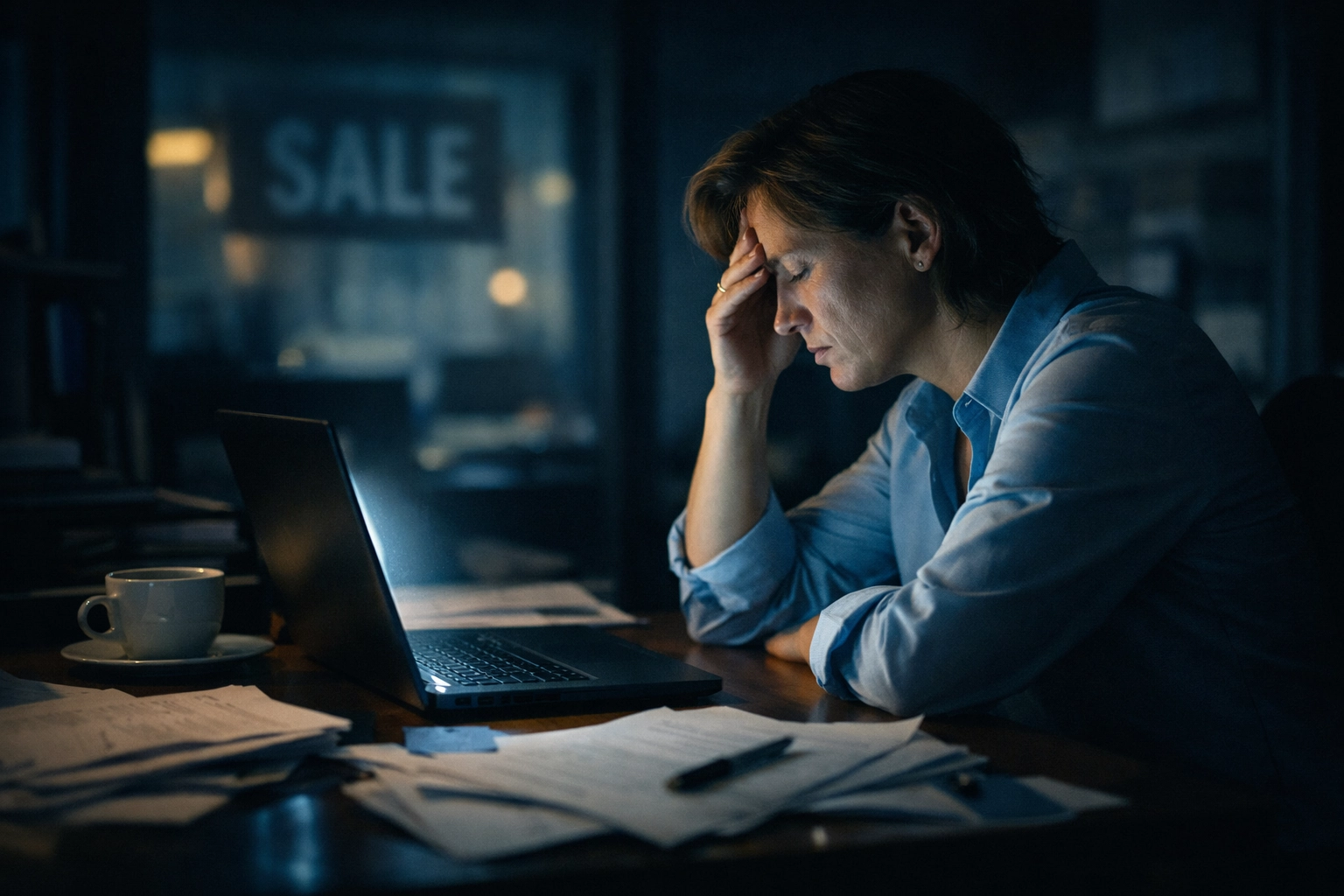 Business owner working late managing DIY business sale process