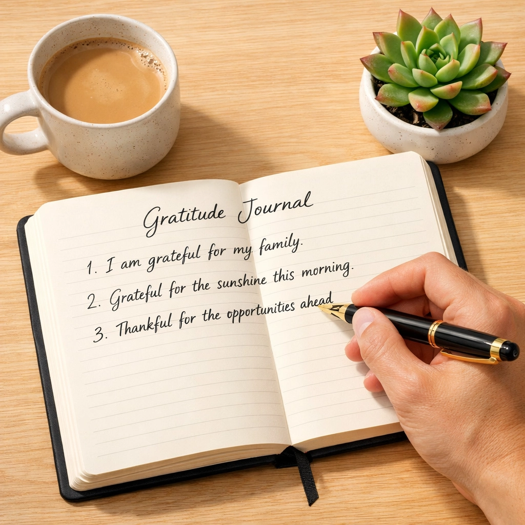 Close-up of a hand writing in a gratitude journal on a minimalist desk to improve leadership perspective.