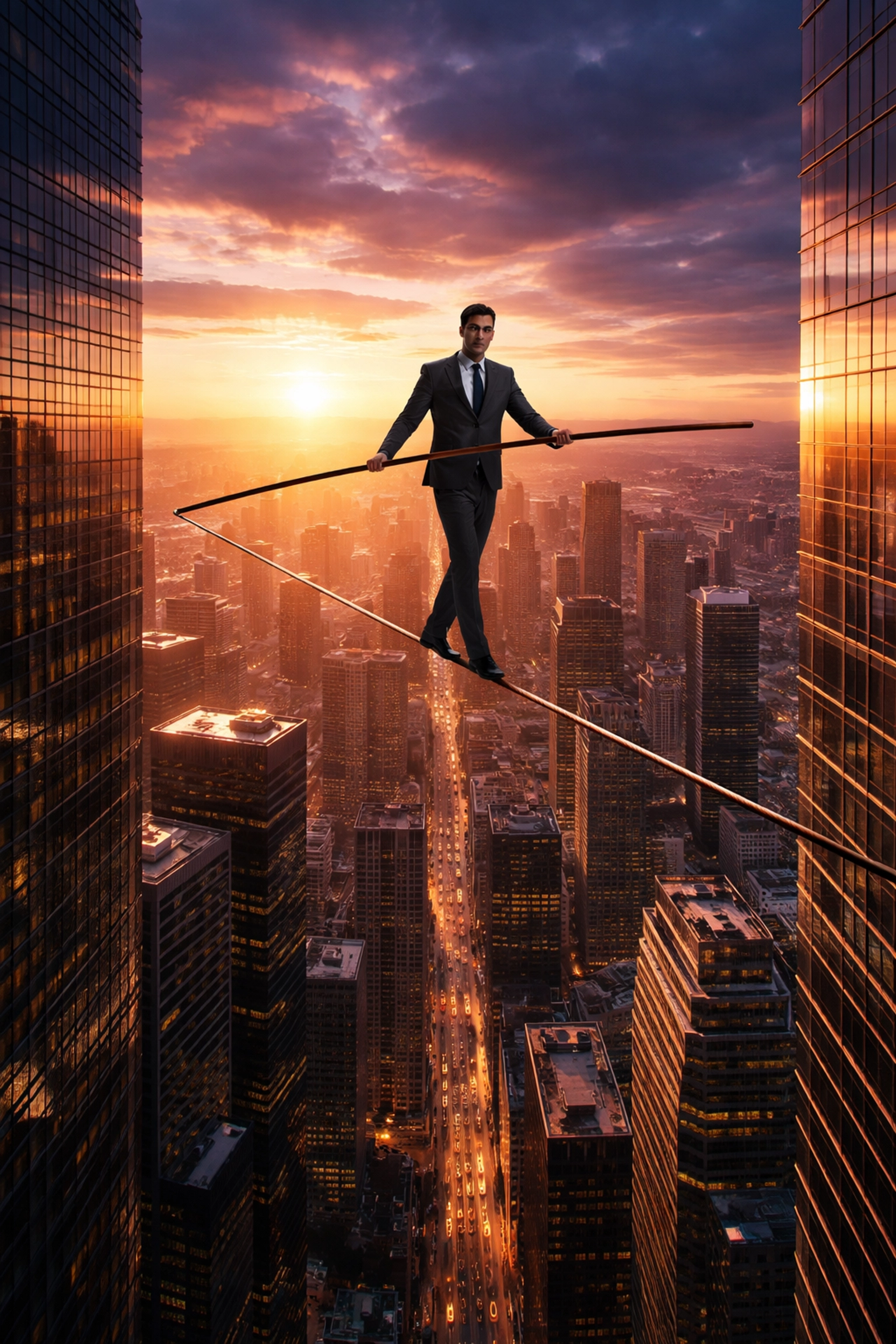 Businessman balancing on tightrope between skyscrapers, representing risk and reward in alternative investments