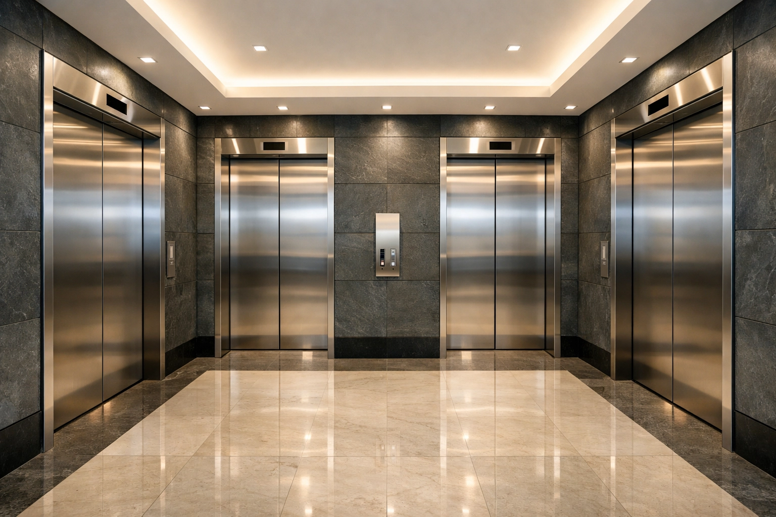 Polished stainless steel elevator doors in a Class-A commercial building representing elite janitorial standards.