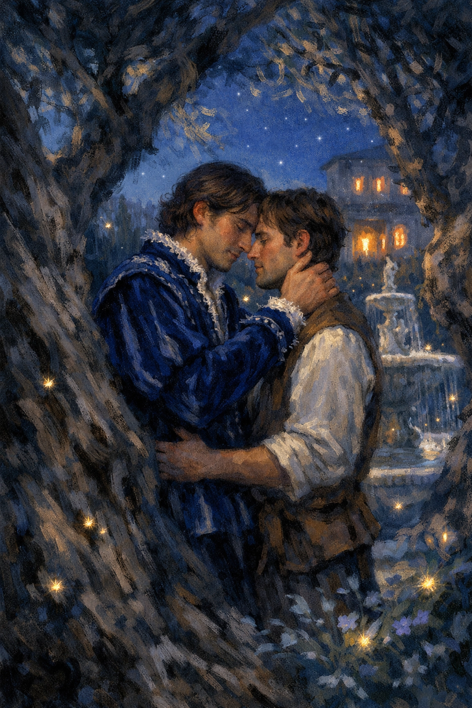Gay nobleman and apprentice meet secretly in Renaissance Florence garden at night