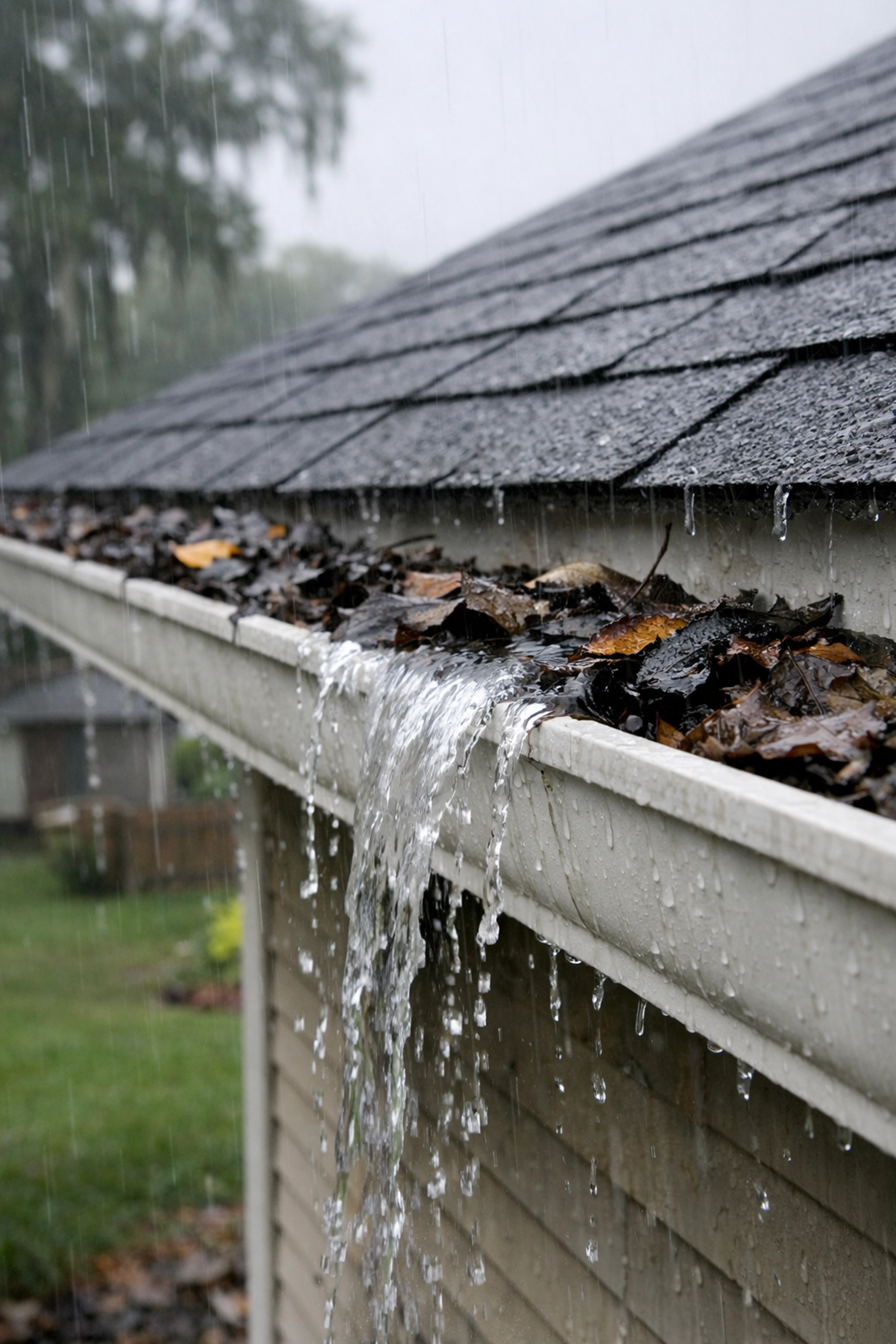Clogged gutters overflowing with rainwater and debris, a common cause of roof leak damage in Southern Louisiana.