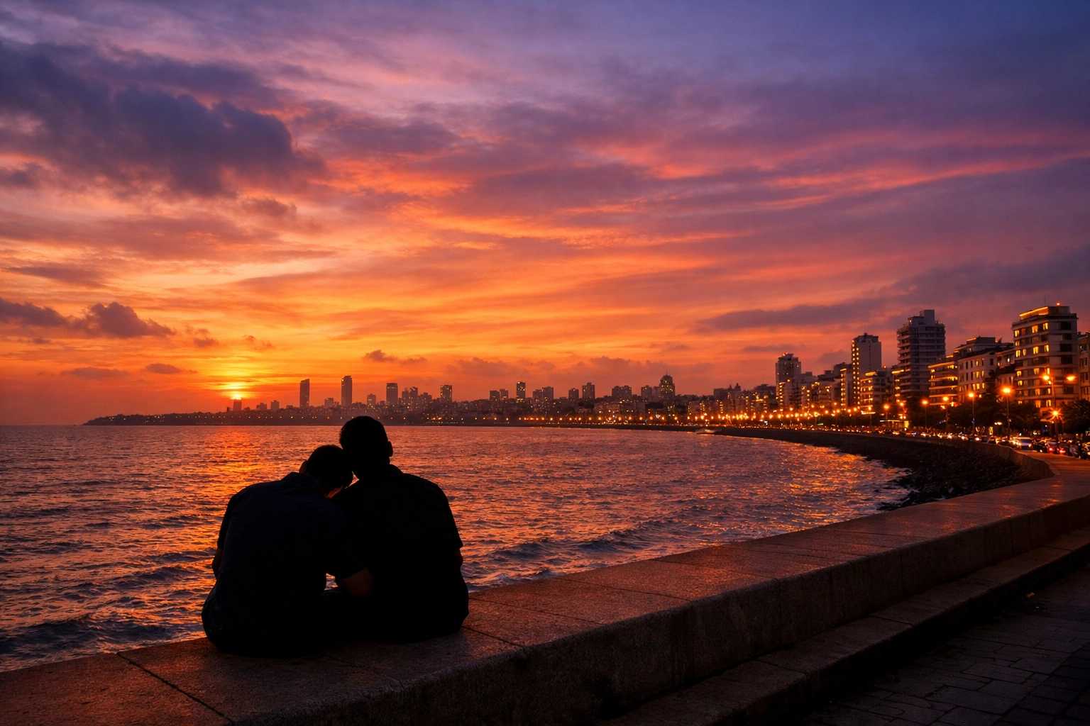 Two men embrace at Mumbai's Marine Drive at sunset in gay romance scene