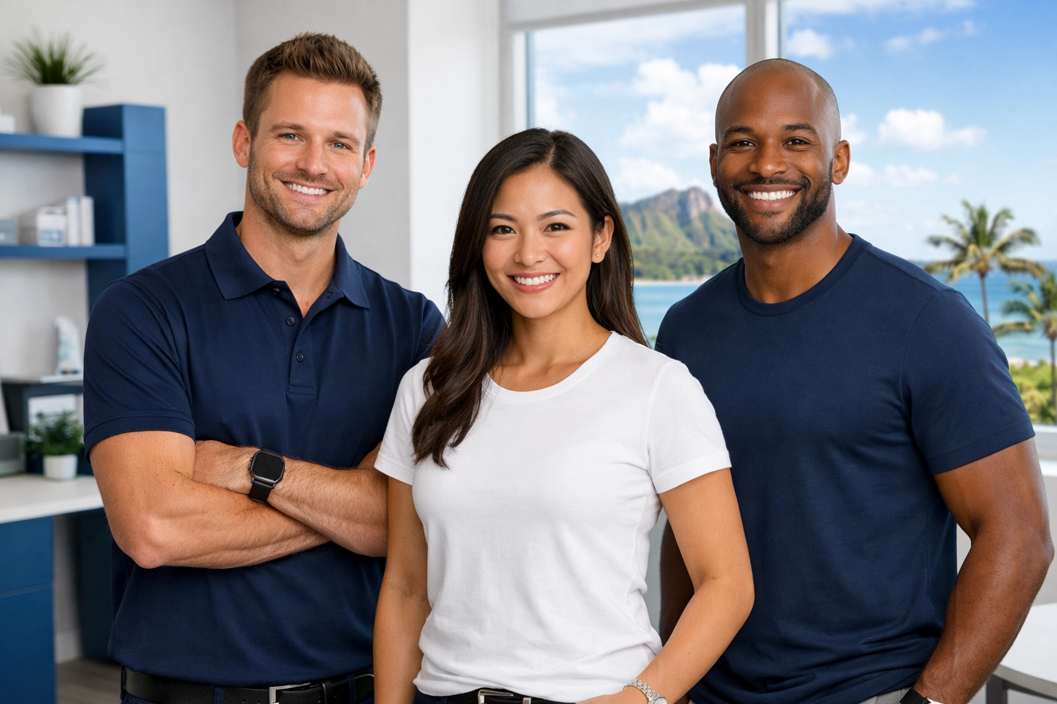 Team wearing custom branded polo shirts and professional screen-printed apparel in Hawaii.