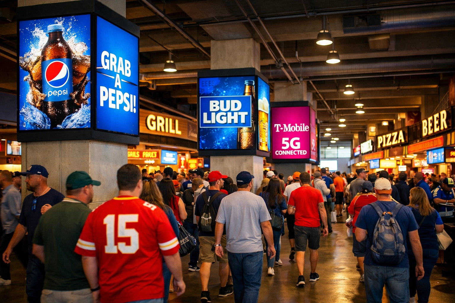 Sports stadium concourse with digital signage showing sponsor advertisements during game day