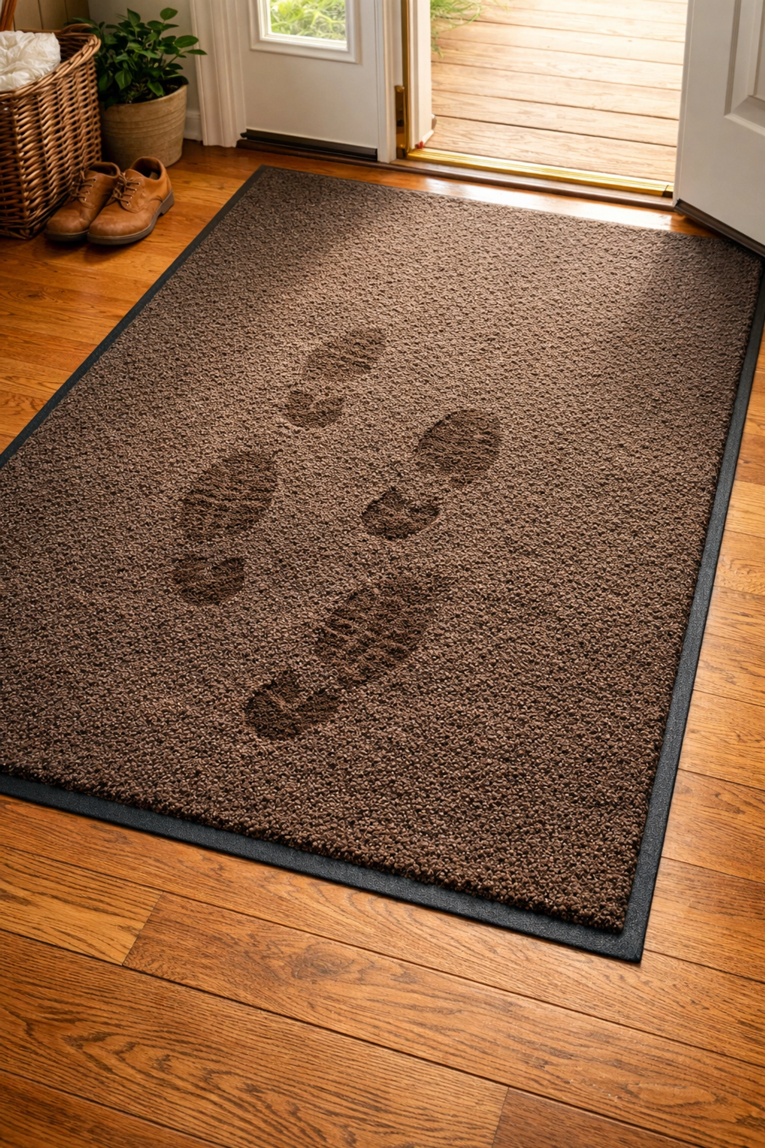Large secured doormat in home entryway preventing water and slip hazards on hardwood floor