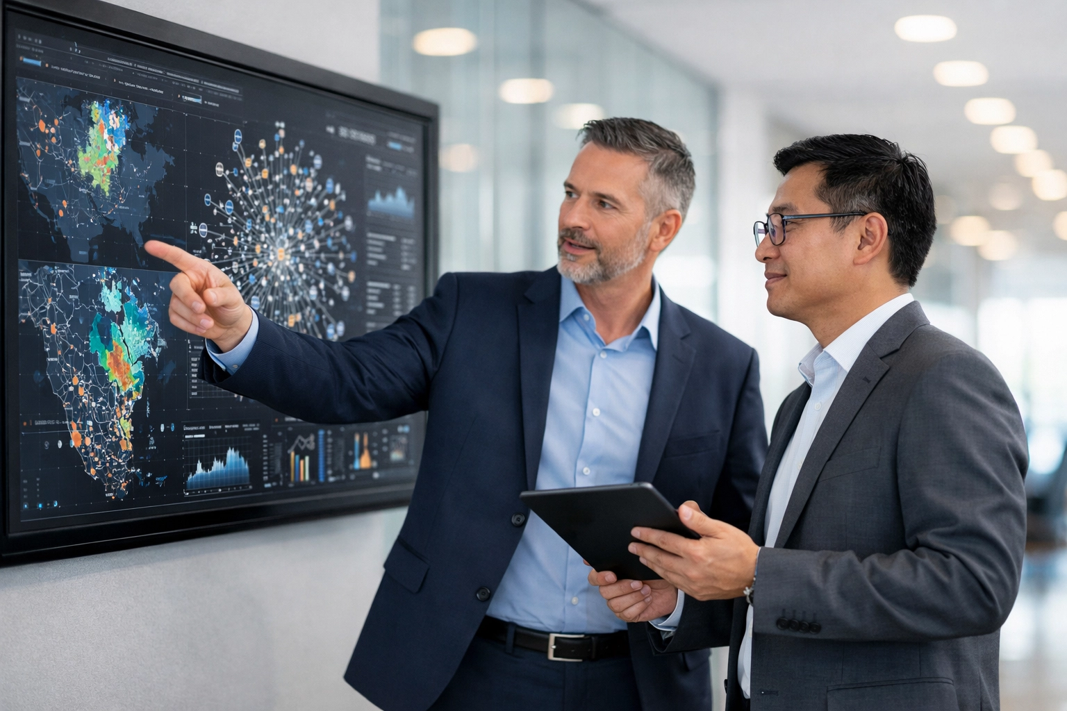 Specialist investigators collaborating in a modern office on global data and digital footprints.