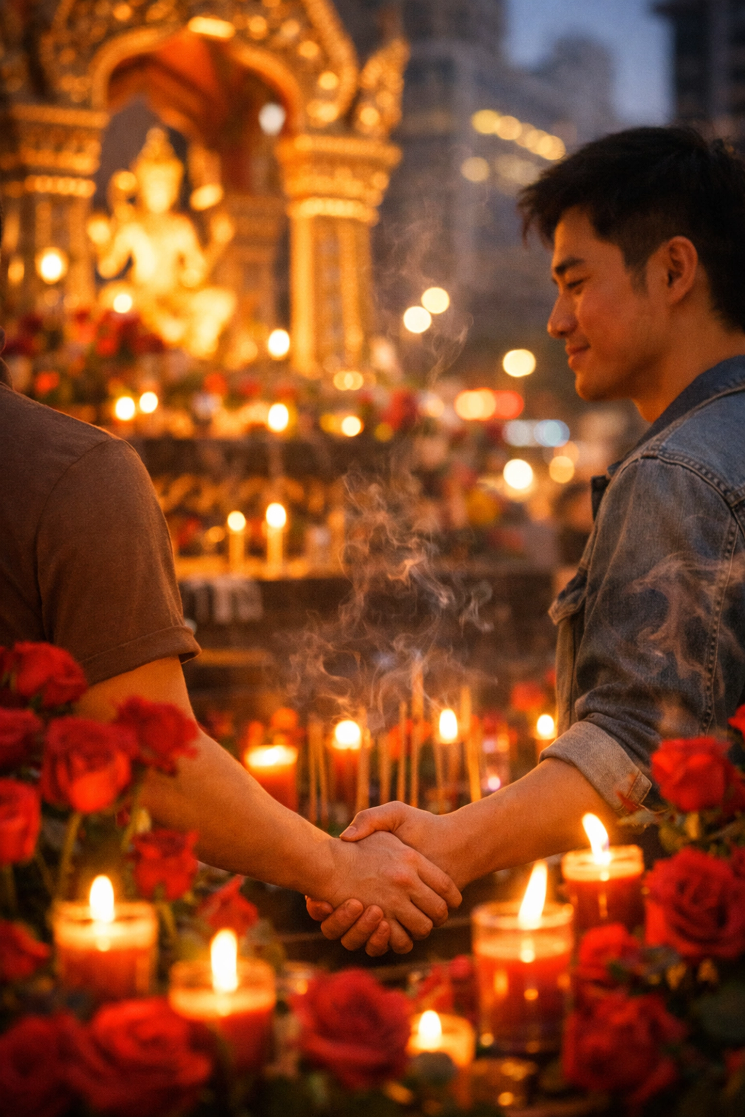 Gay couple holding hands at Bangkok's Trimurti Shrine surrounded by roses and candles at dusk
