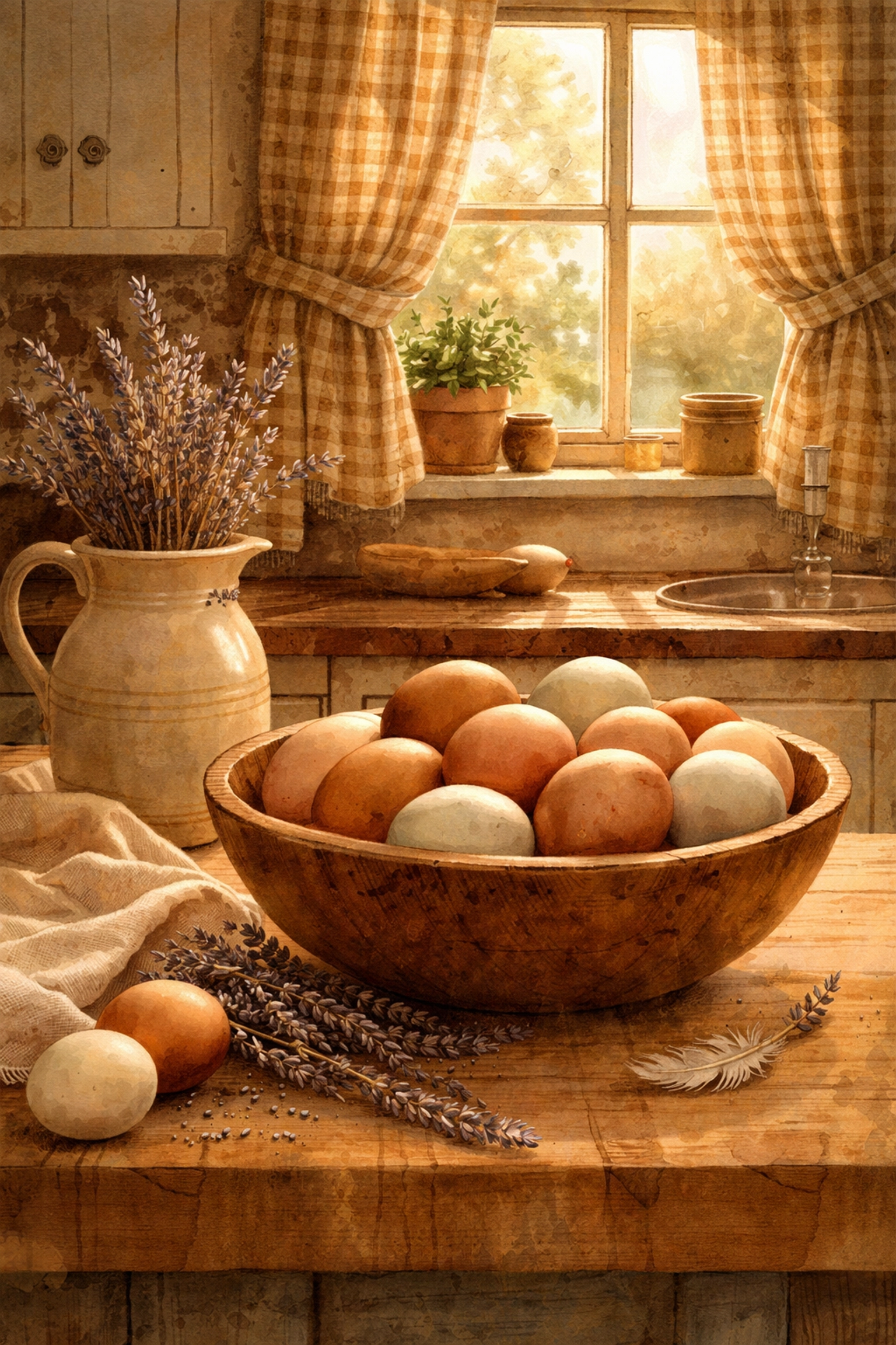 A rustic farmhouse kitchen with a bowl of colorful farm fresh eggs on a wooden counter at golden hour.