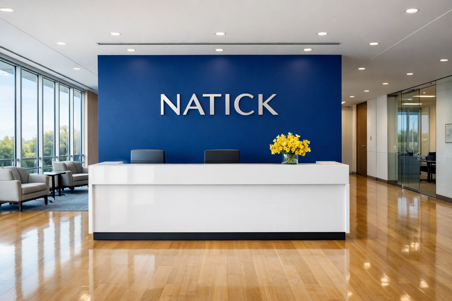 Clean corporate reception area in Natick showcasing high-end commercial cleaning results.