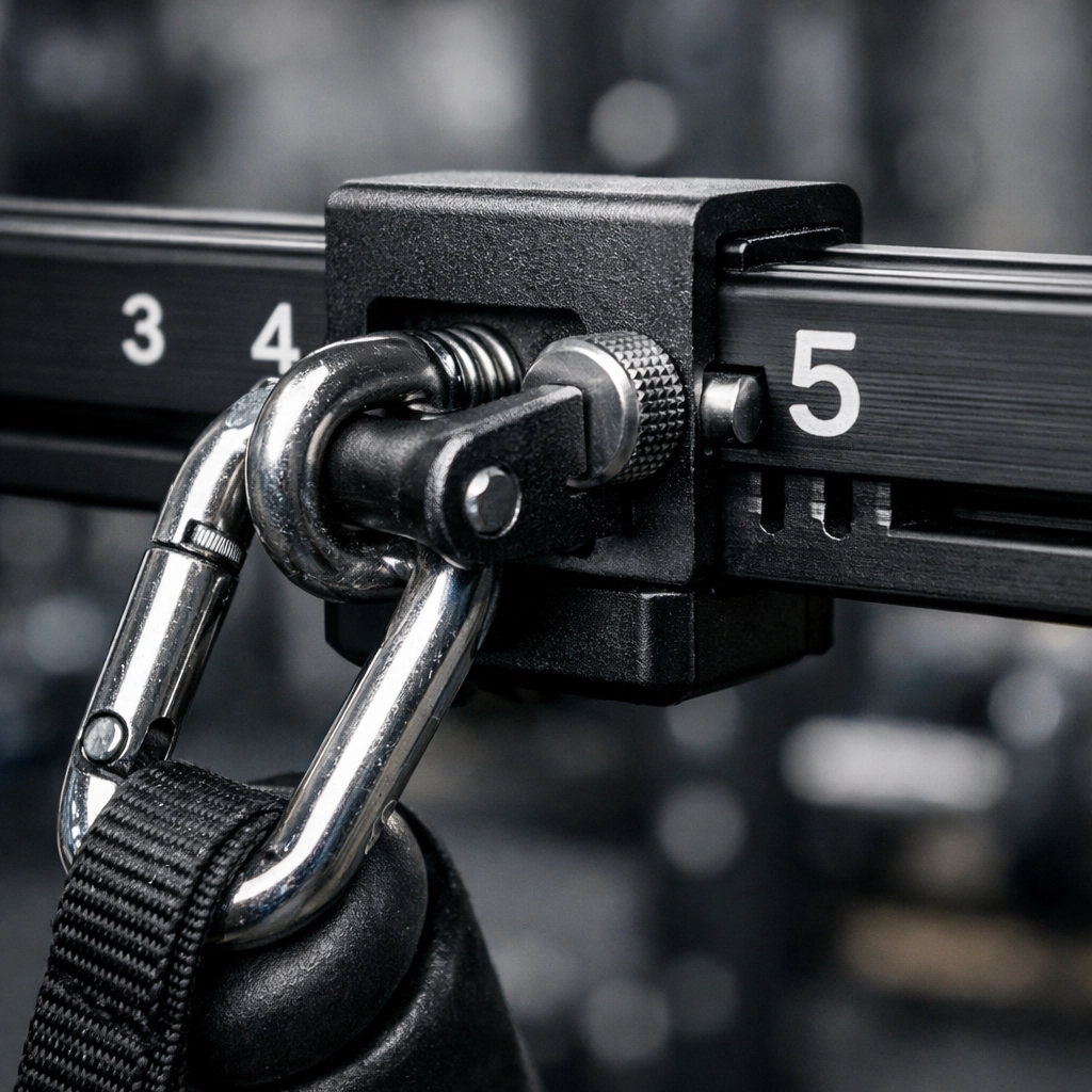 Close-up of an adjustable resistance rail carriage locked into a notch for precise training intensity.